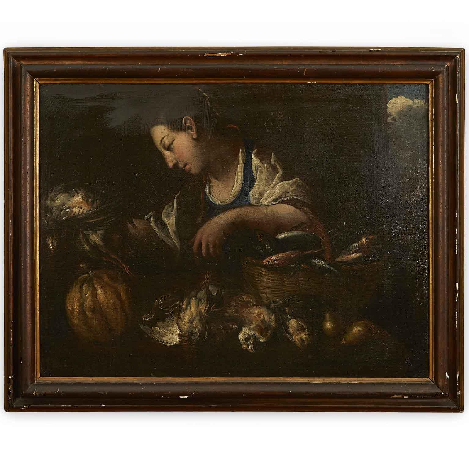 1600s Italian still life with Game Vegetables fish and cookmaid figure,late 17th century Italian oil on canvas painting depicting a female figure, a cookmaid with wicker basket on left arm, containing fish of various kinds and a bird clutched in