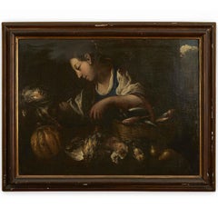17th Century Italian Still Life with Game Vegetables Fish and Cookmaid Figure