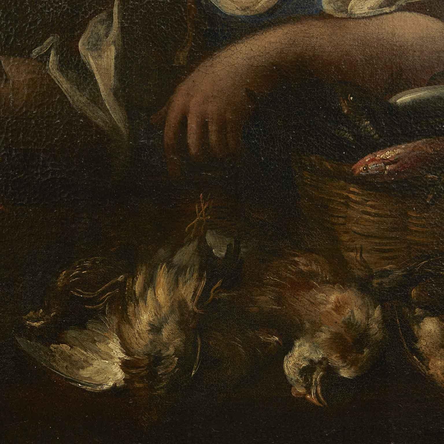 Hand-Painted 17th Century Italian Still Life with Game Vegetables Fish and Cookmaid Figure 