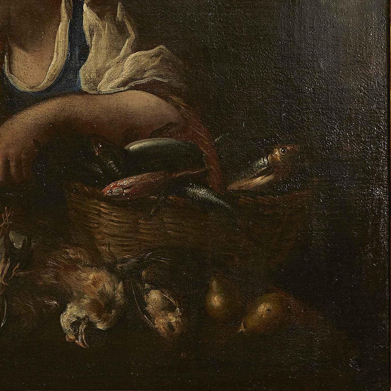 17th Century Italian Still Life with Game Vegetables Fish and Cookmaid Figure  In Good Condition In Milan, IT