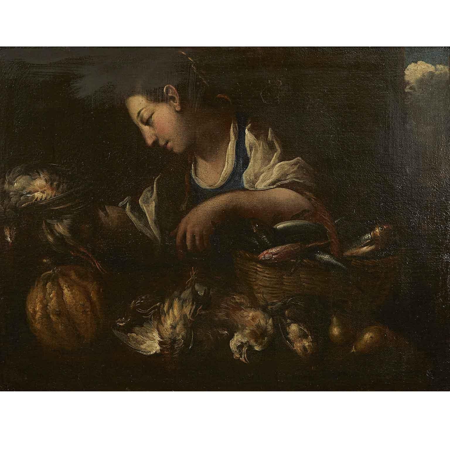 17th Century Italian Still Life with Game Vegetables Fish and Cookmaid Figure  1