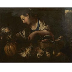 17th Century Italian Still Life with Game Vegetables Fish and Cookmaid Figure 