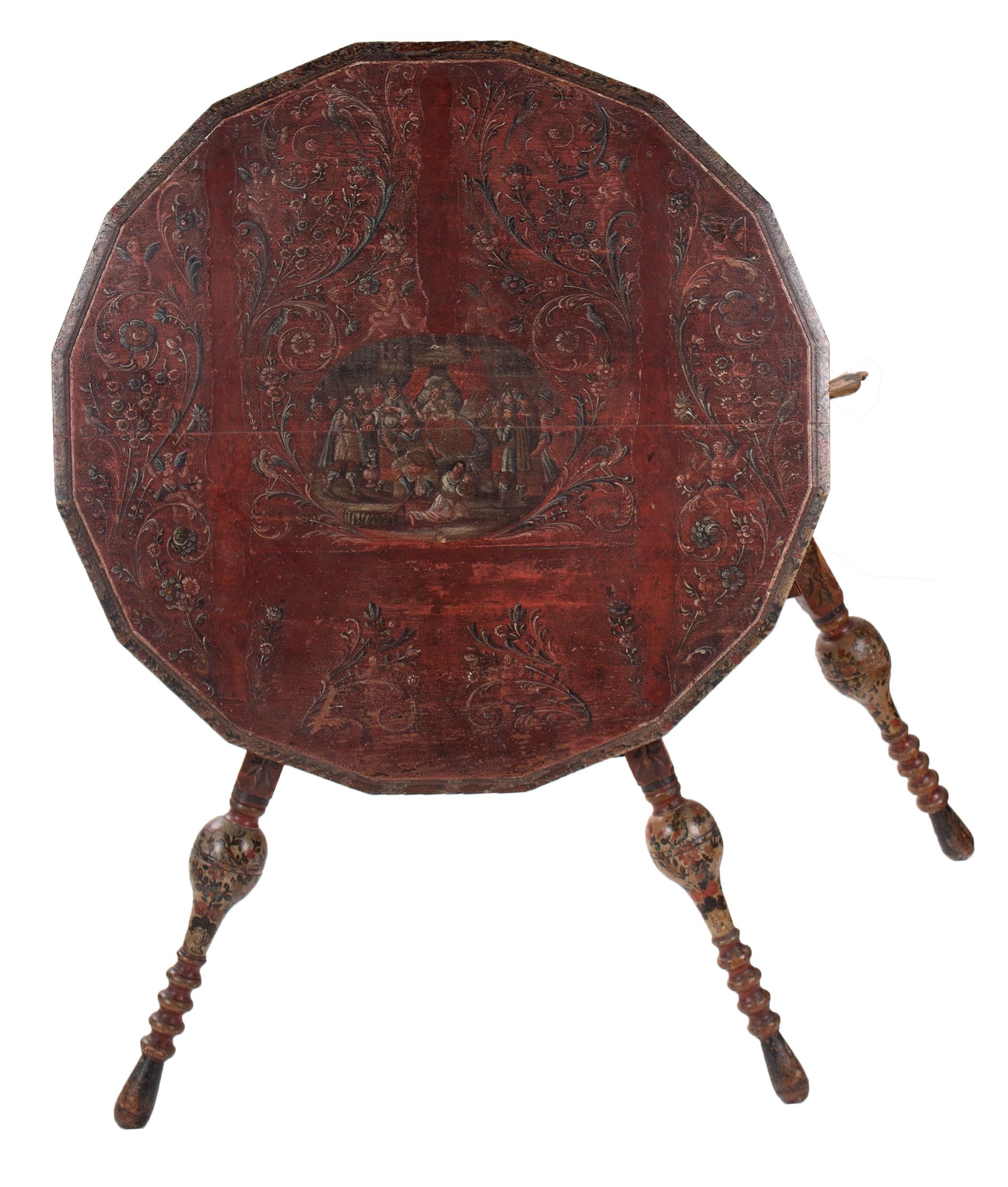 17th century, Italian three-legged painted table with people and flower motifs.