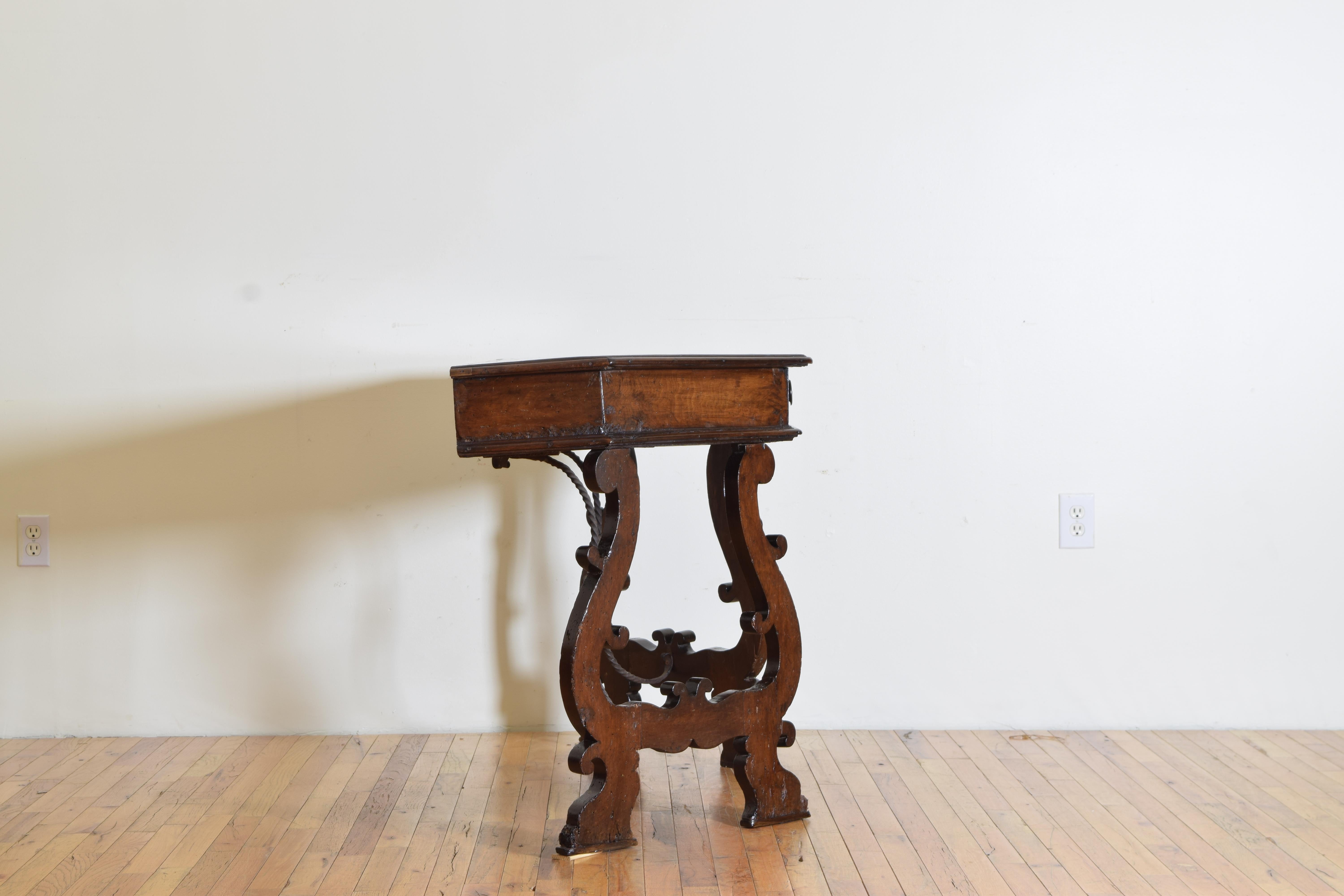Hand-Carved 17th Century Italian Trestle Form Walnut Scantonata Console with One Drawer