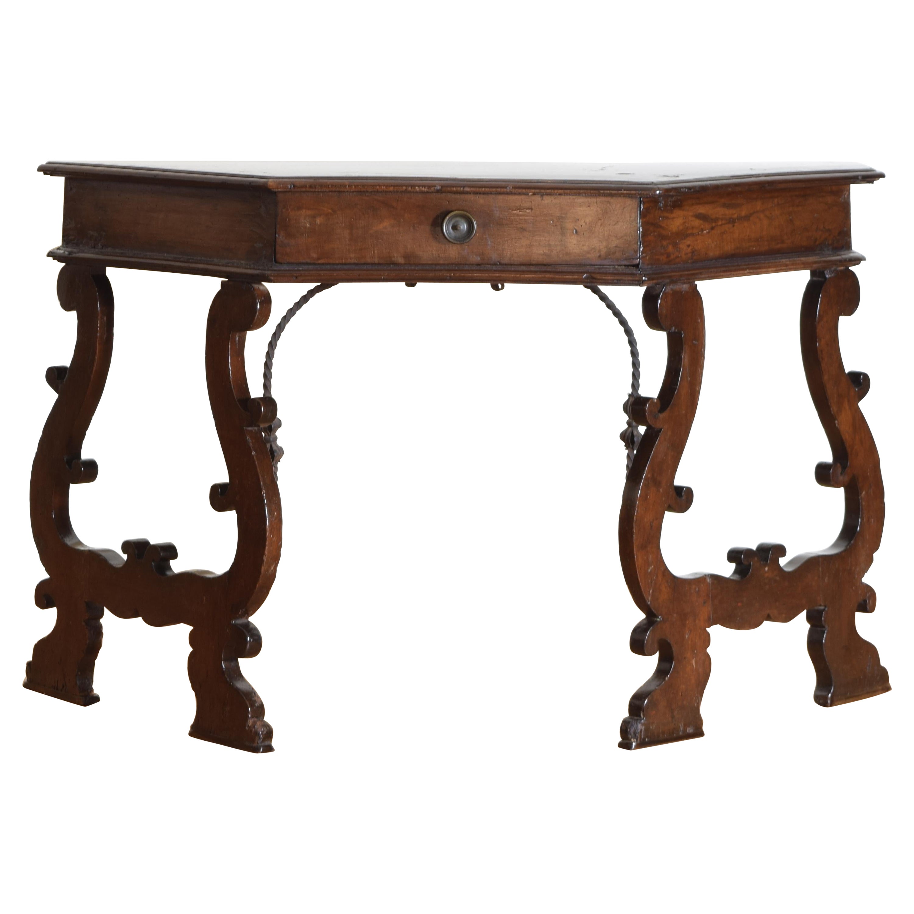 17th Century Italian Trestle Form Walnut Scantonata Console with One Drawer