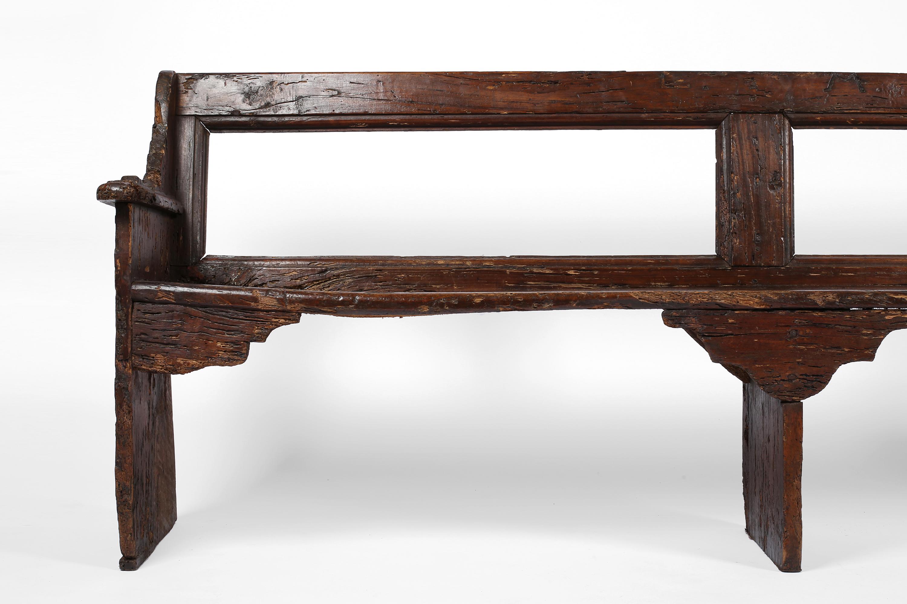 17th Century Italian Tuscan Walnut Rustic Wabi-Sabi Bench In Distressed Condition For Sale In London, GB