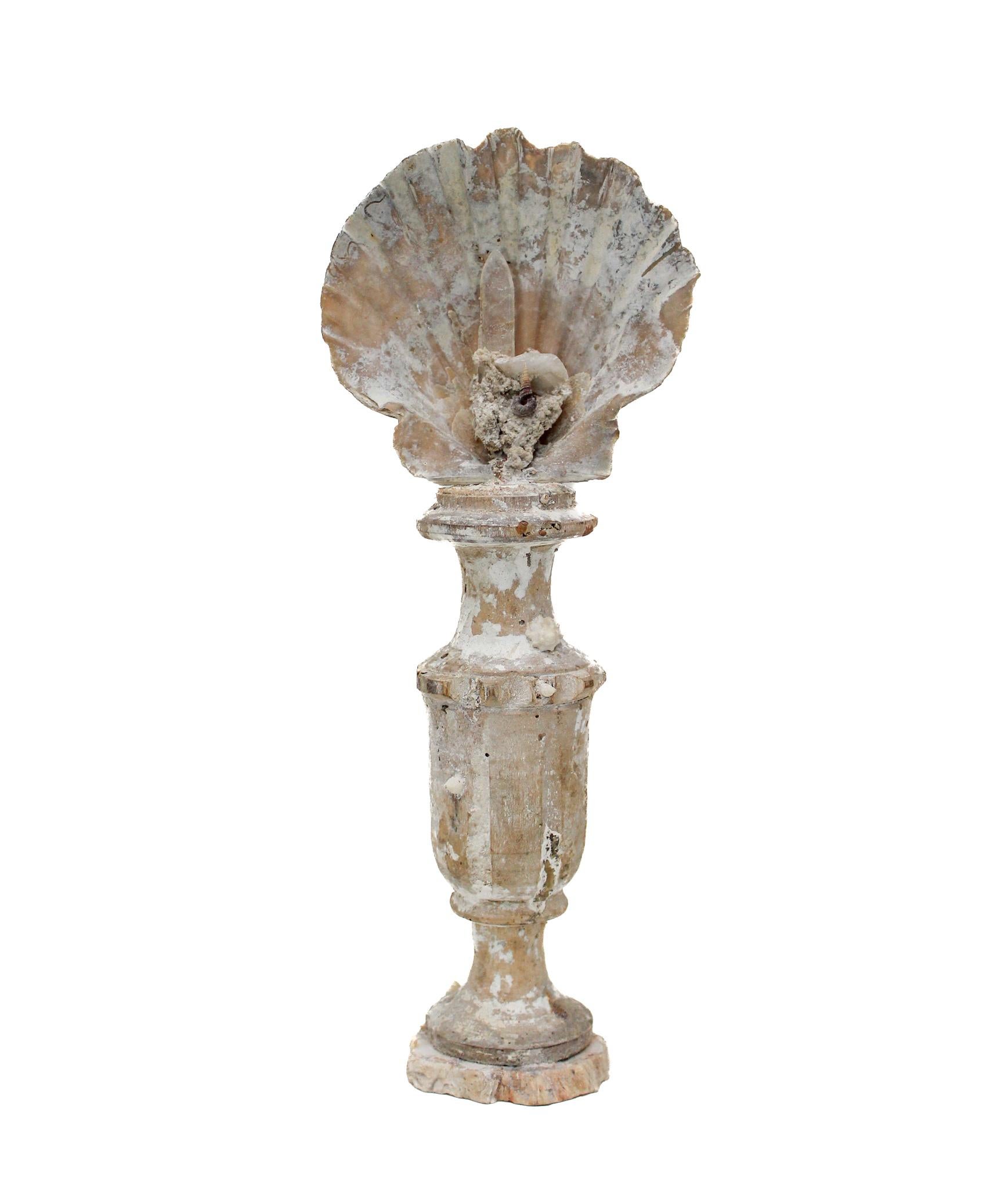 Italienische Vase aus dem 17. Jahrhundert mit einer Chesapecten-Muschel, einer Kristallspitze und fossilen Muscheln auf einem Sockel aus versteinertem Holz.

Dieses Fragment stammt aus einer Kirche in Florenz. Es wurde gefunden und vor dem