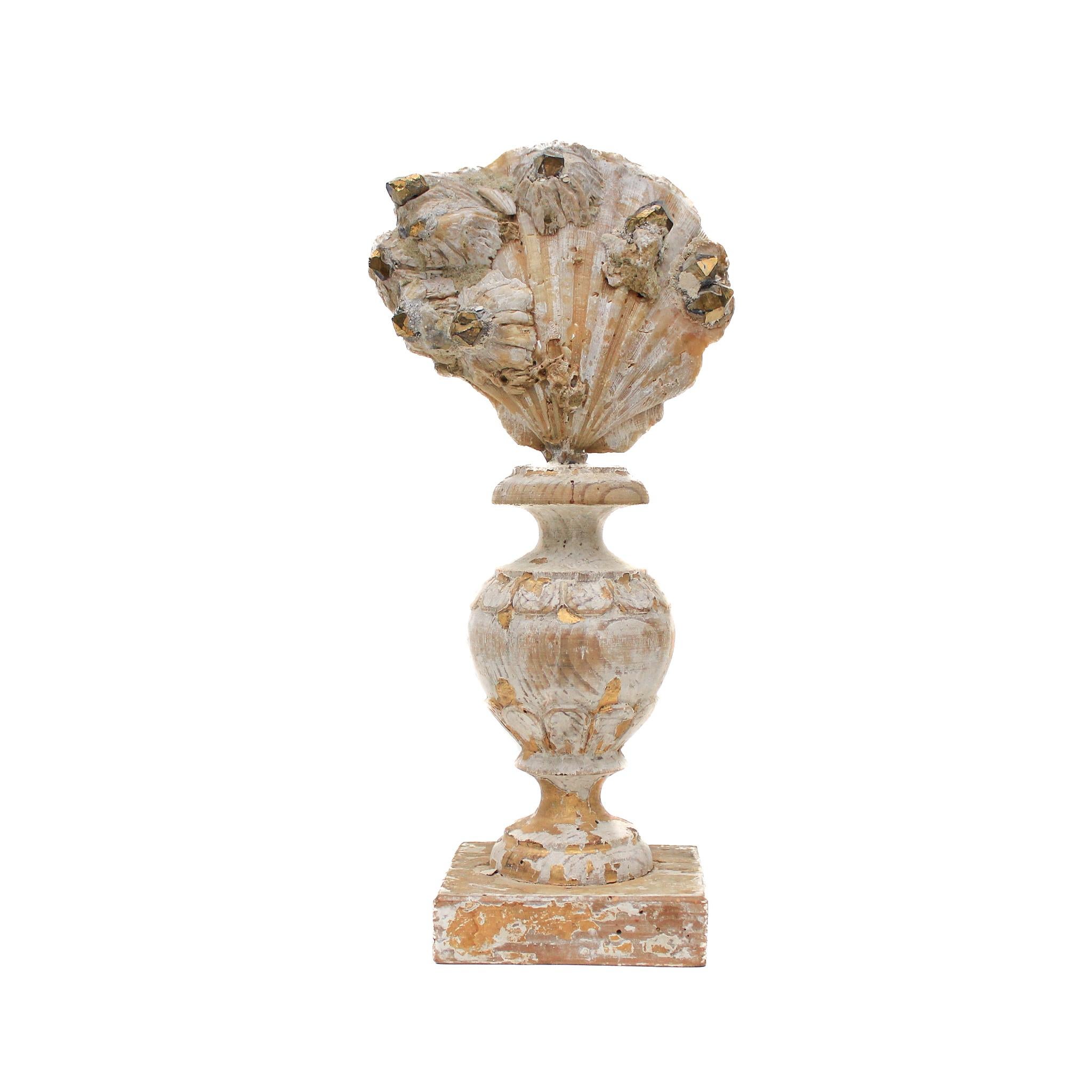 17th century Italian vase with a chesapecten shell & gold-plated crystal points.

This fragment is from a church in Florence. It was found and saved from the historic flooding of the Arno River in 1966.

The piece has been naturally distressed