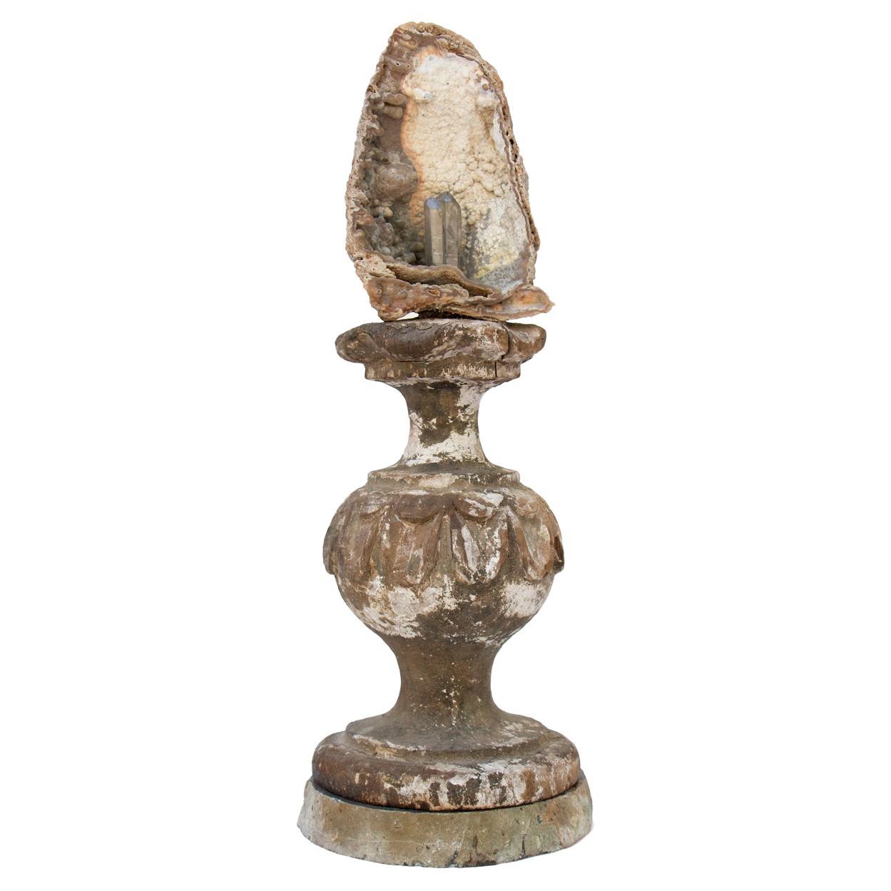 17th Century Italian Vase with Polished Agate Coral and a Double Crystal Point