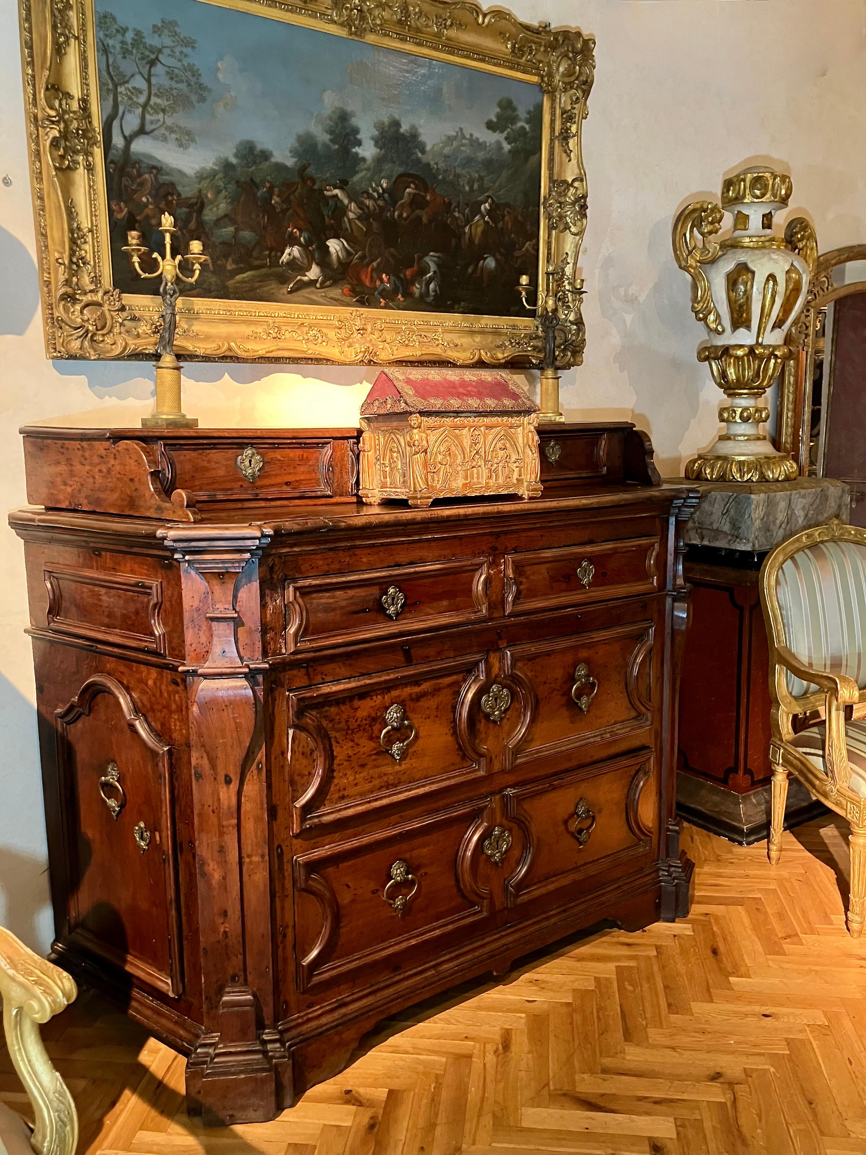 17th Century Italian Walnut Baroque Chest of Drawers, Original Bronze Handles For Sale 6