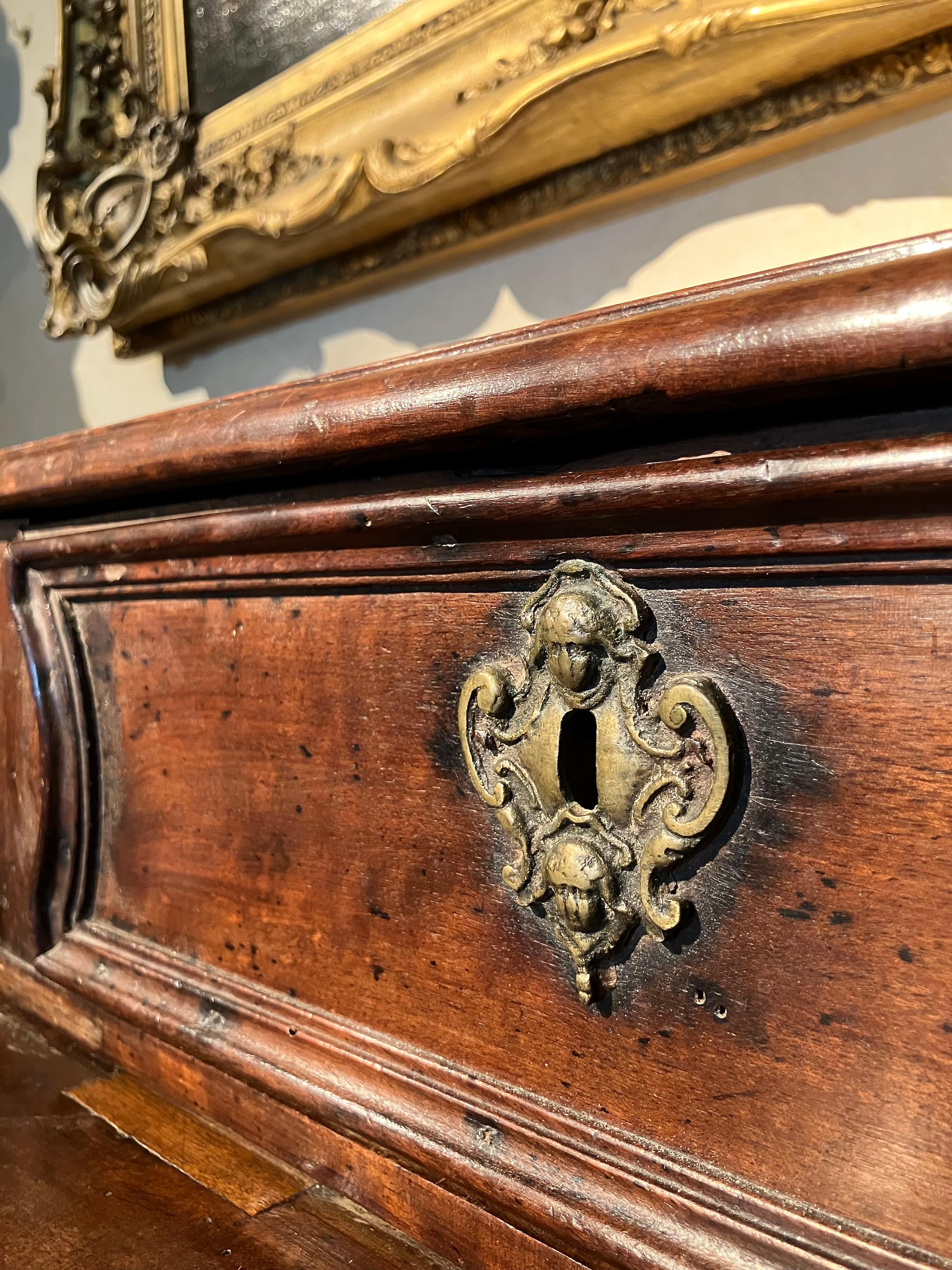 17th Century Italian Walnut Baroque Chest of Drawers, Original Bronze Handles For Sale 11