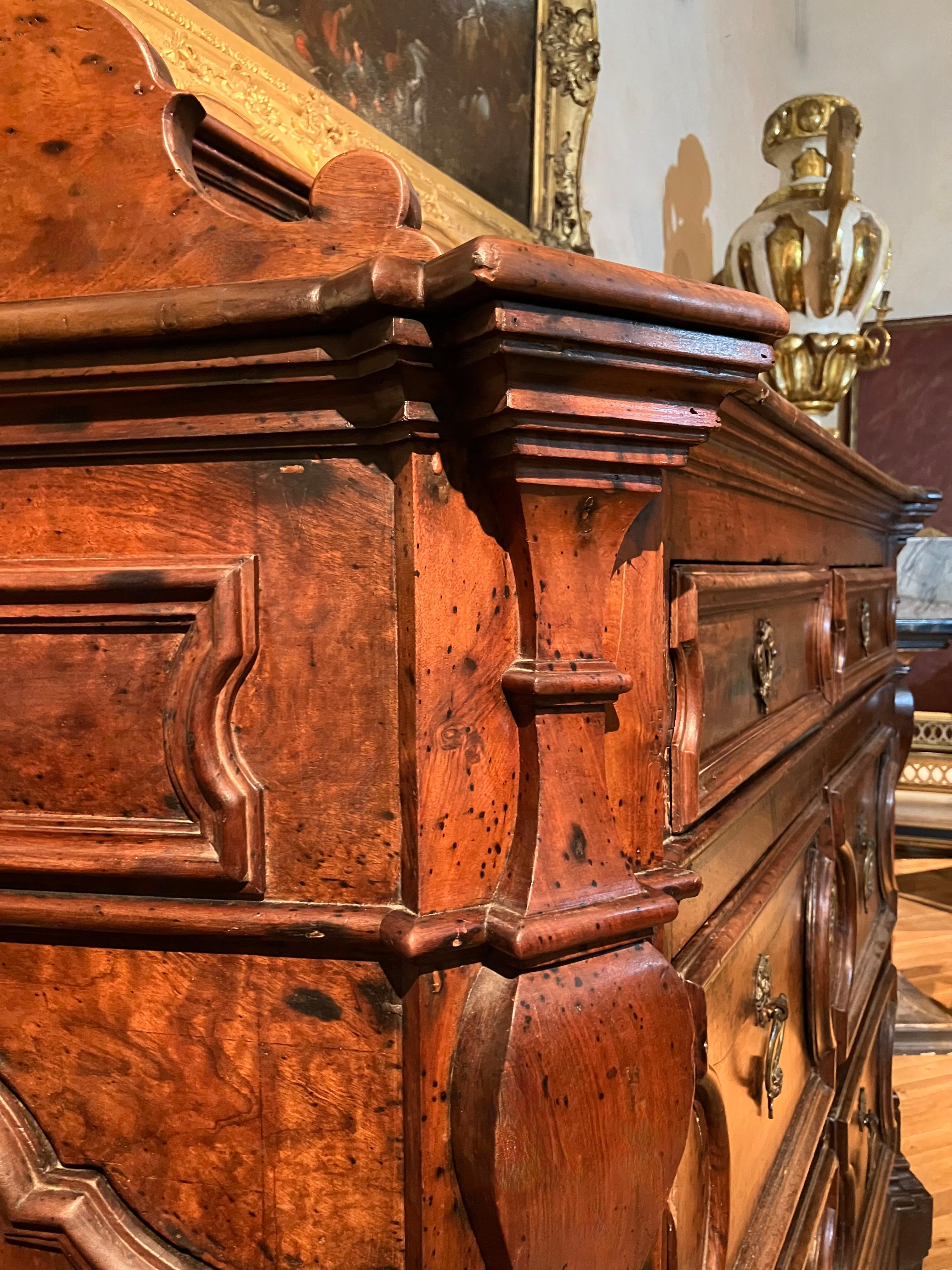 18th Century and Earlier 17th Century Italian Walnut Baroque Chest of Drawers, Original Bronze Handles For Sale