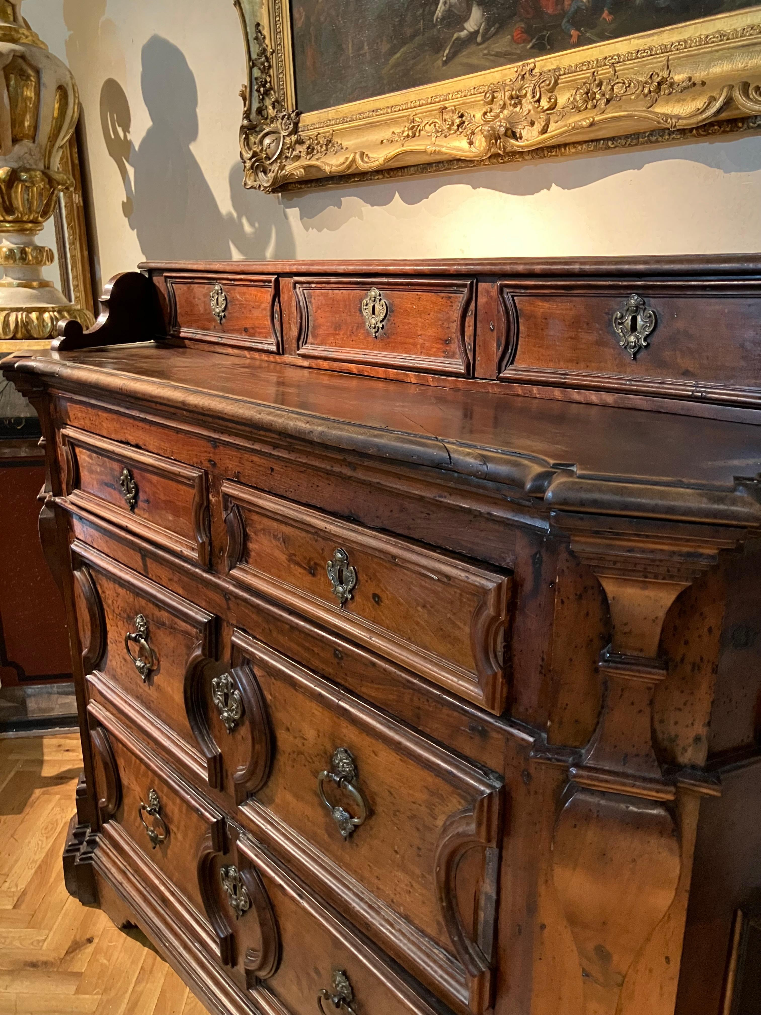 17th Century Italian Walnut Baroque Chest of Drawers, Original Bronze Handles For Sale 3
