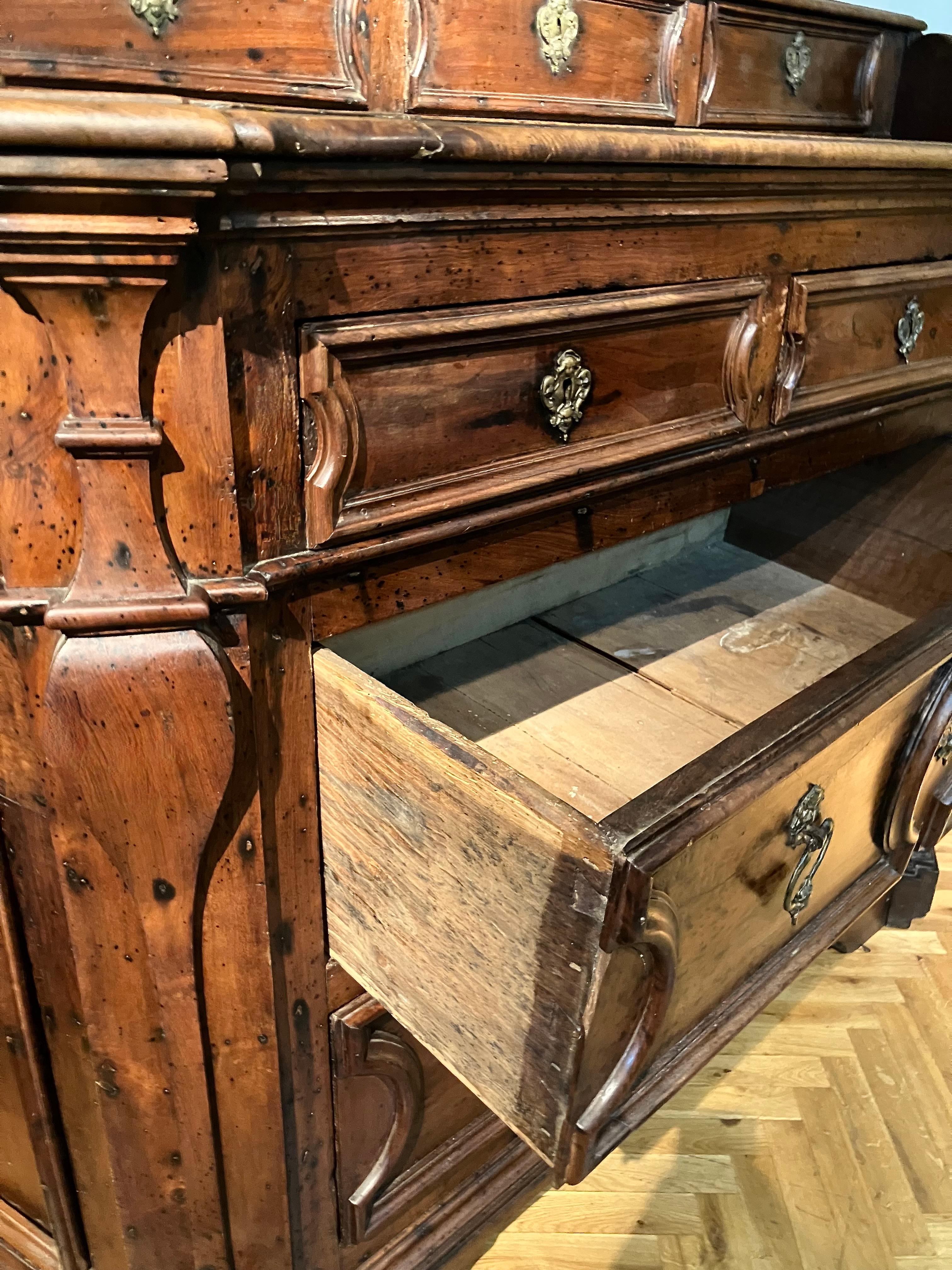 17th Century Italian Walnut Baroque Chest of Drawers, Original Bronze Handles For Sale 4