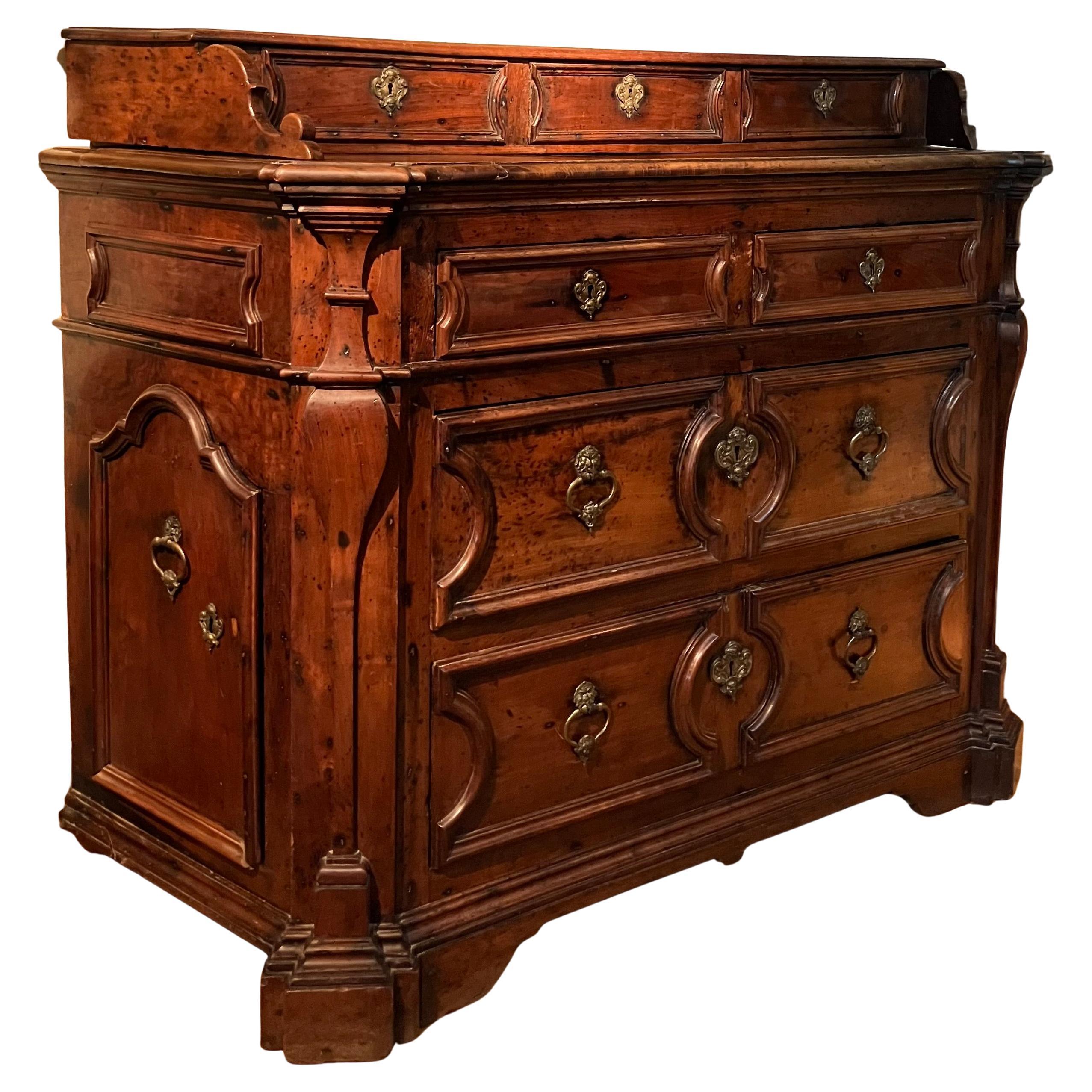 17th Century Italian Walnut Baroque Chest of Drawers, Original Bronze Handles For Sale