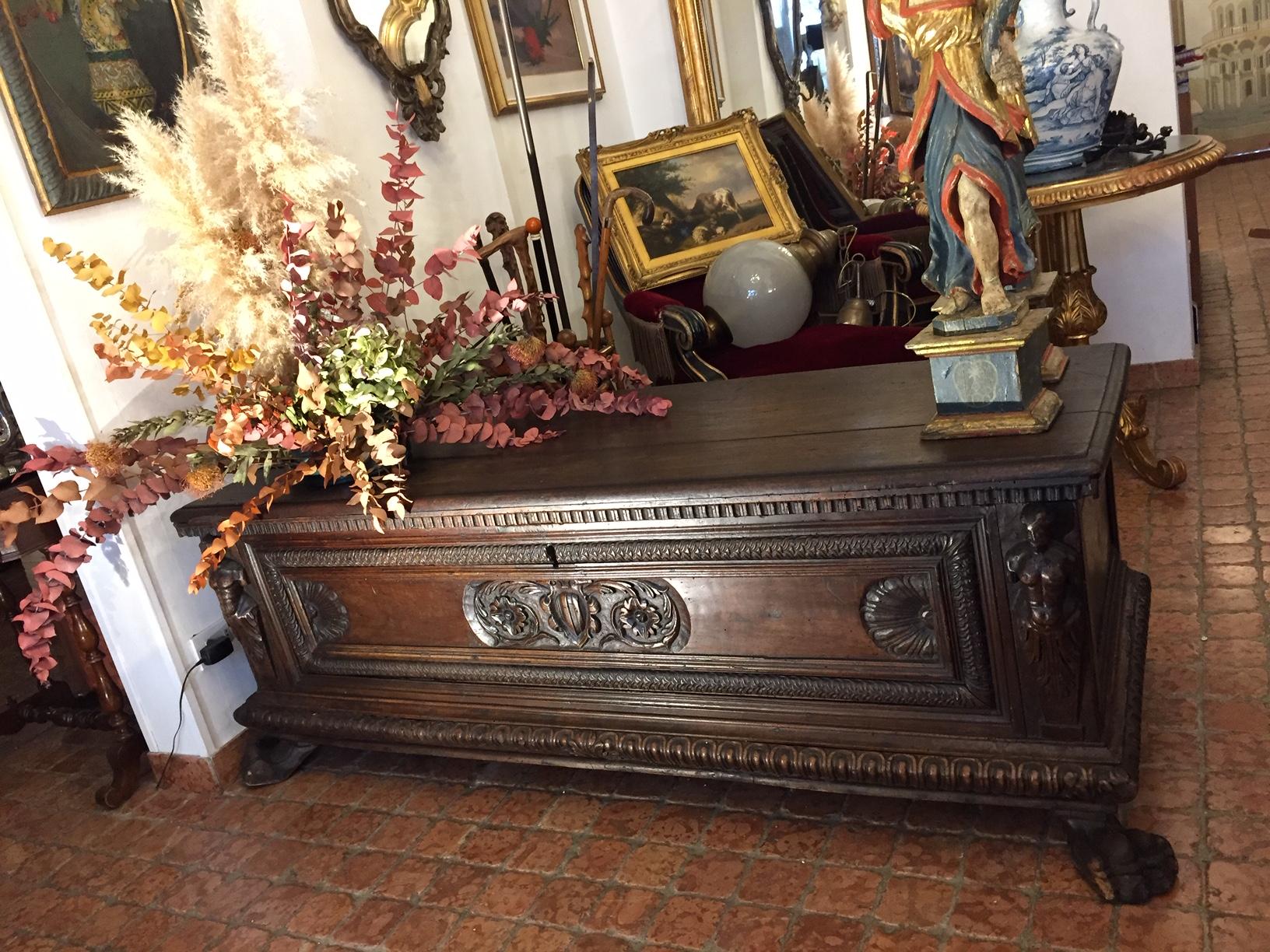 17th Century, Italian Walnut Chest Arms and Caryatids Carving