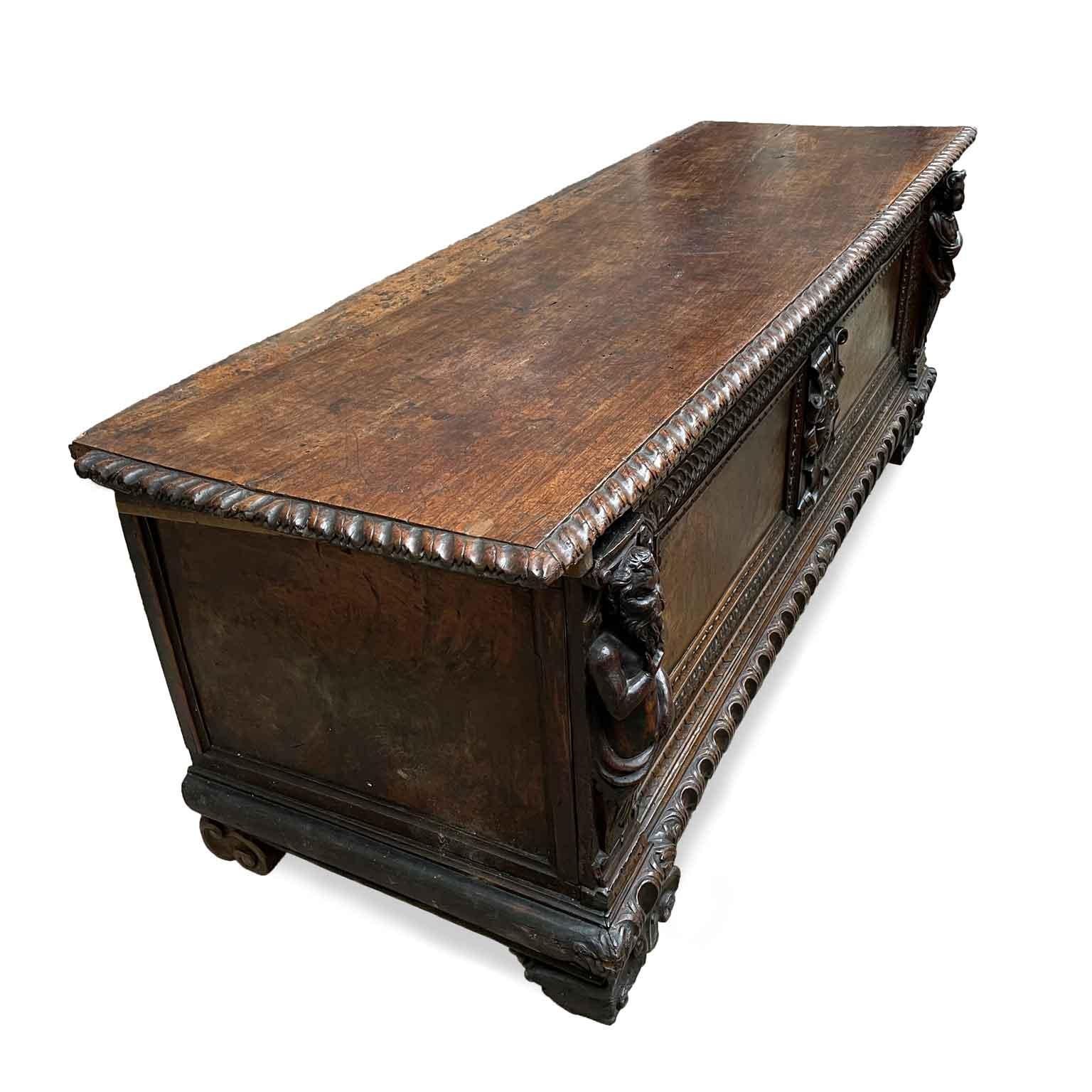 17th Century Italian Walnut Chest Arms and Caryatids Carving Renaissance Trunk 2