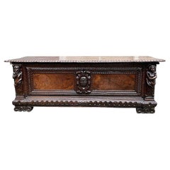 17th Century Italian Walnut Chest Arms and Caryatids Carving Renaissance Trunk