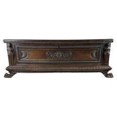 17th Century, Italian Walnut Chest Arms and Caryatids Carving Renaissance Trunk