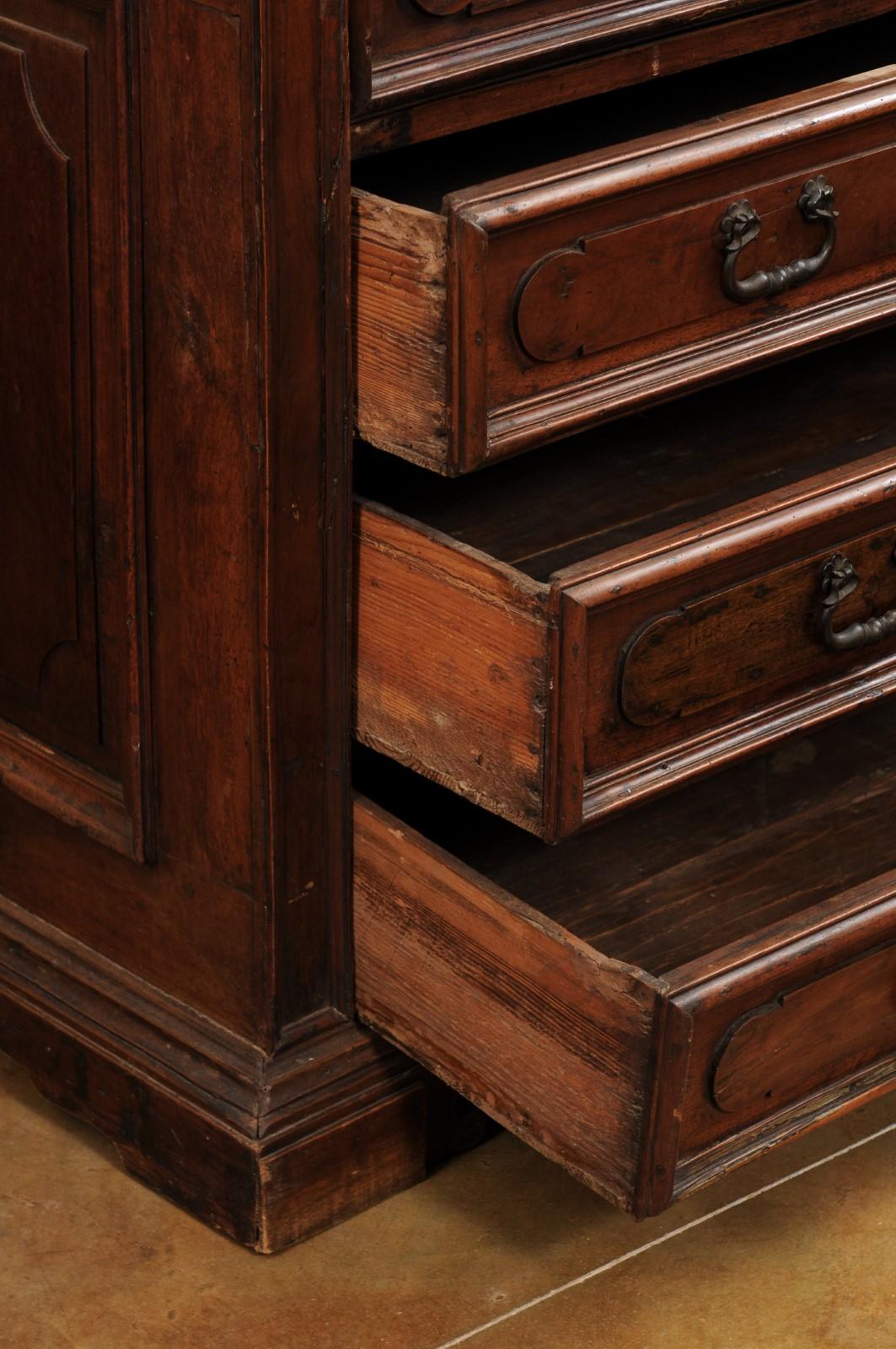 Carved 17th Century Italian Walnut Commode with Drop Front Desk and Three Drawers For Sale