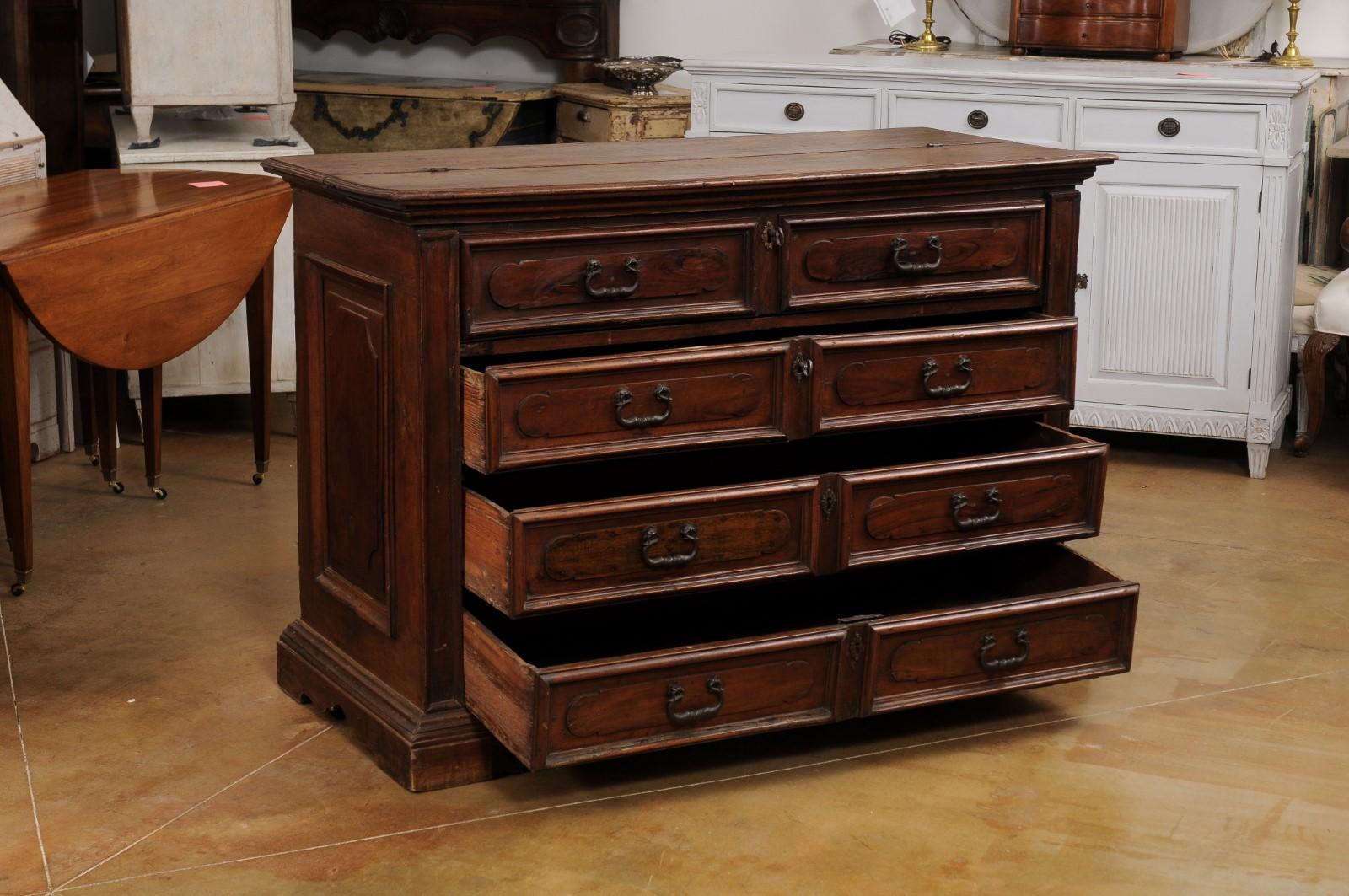 18th Century and Earlier 17th Century Italian Walnut Commode with Drop Front Desk and Three Drawers For Sale