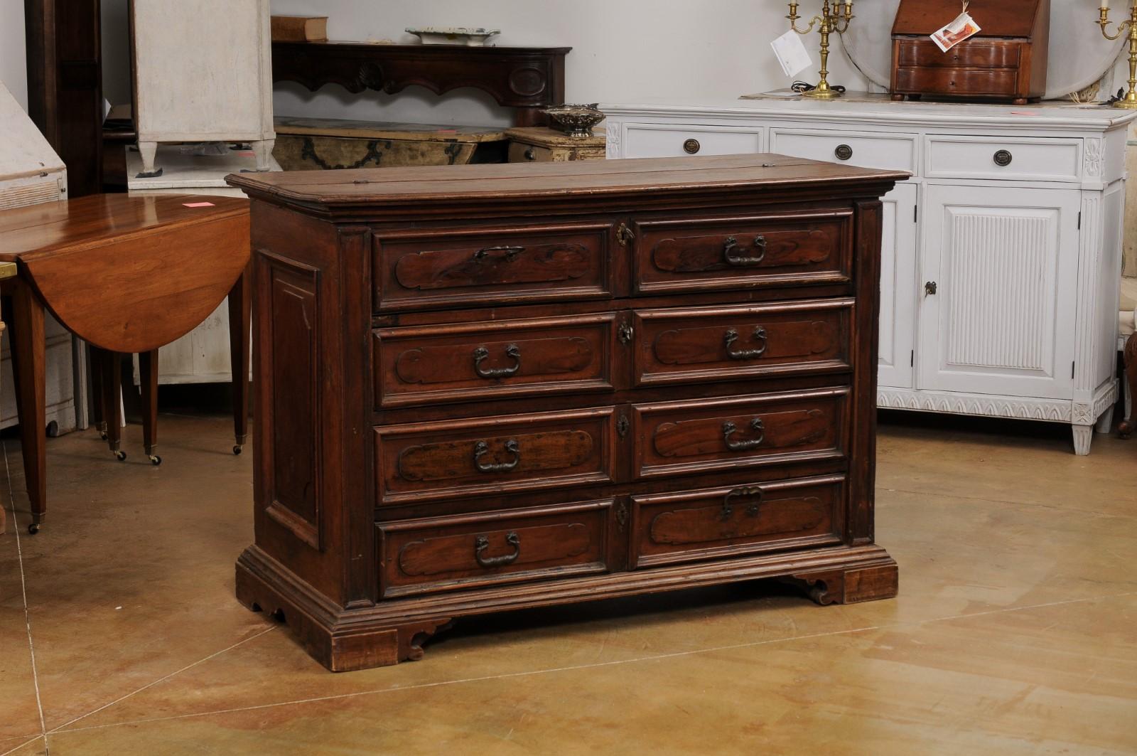 17th Century Italian Walnut Commode with Drop Front Desk and Three Drawers For Sale 1