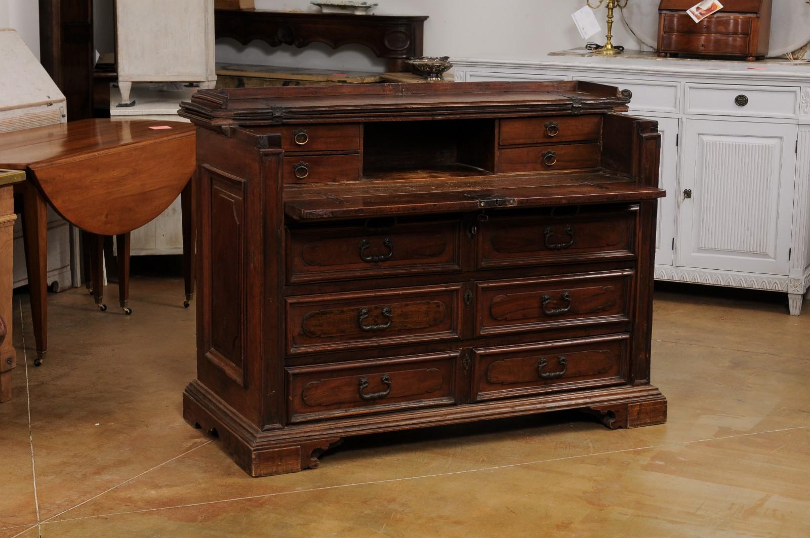 17th Century Italian Walnut Commode with Drop Front Desk and Three Drawers For Sale 2