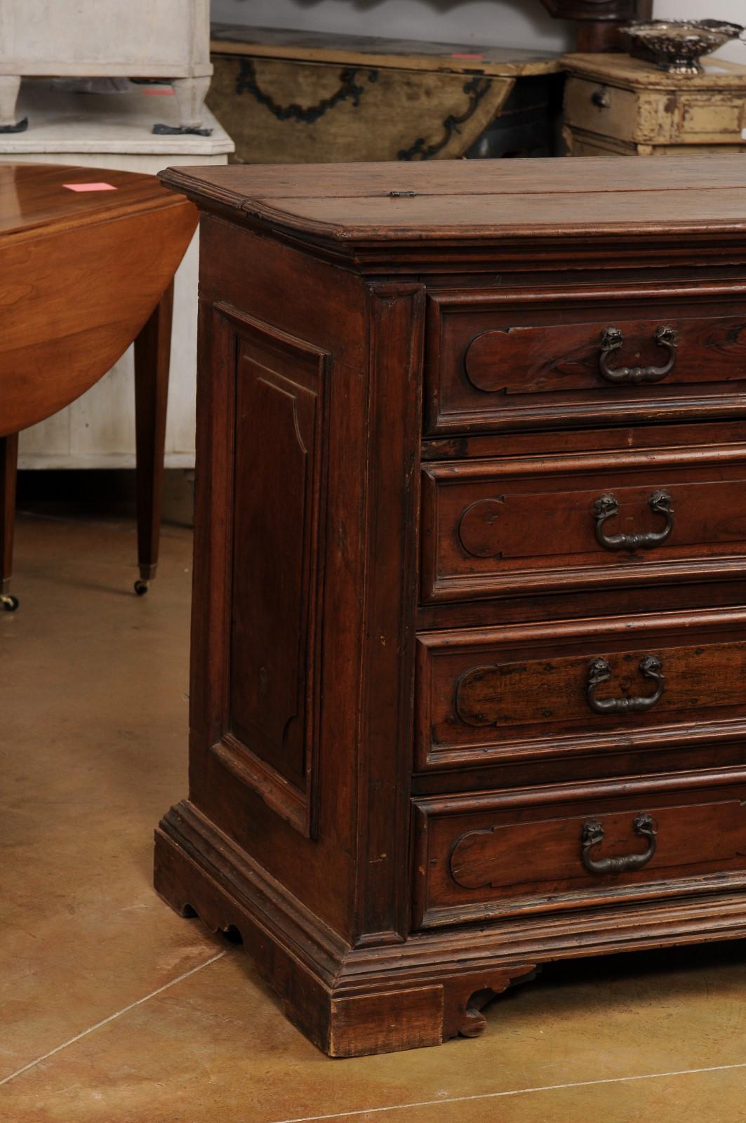 17th Century Italian Walnut Commode with Drop Front Desk and Three Drawers For Sale 3