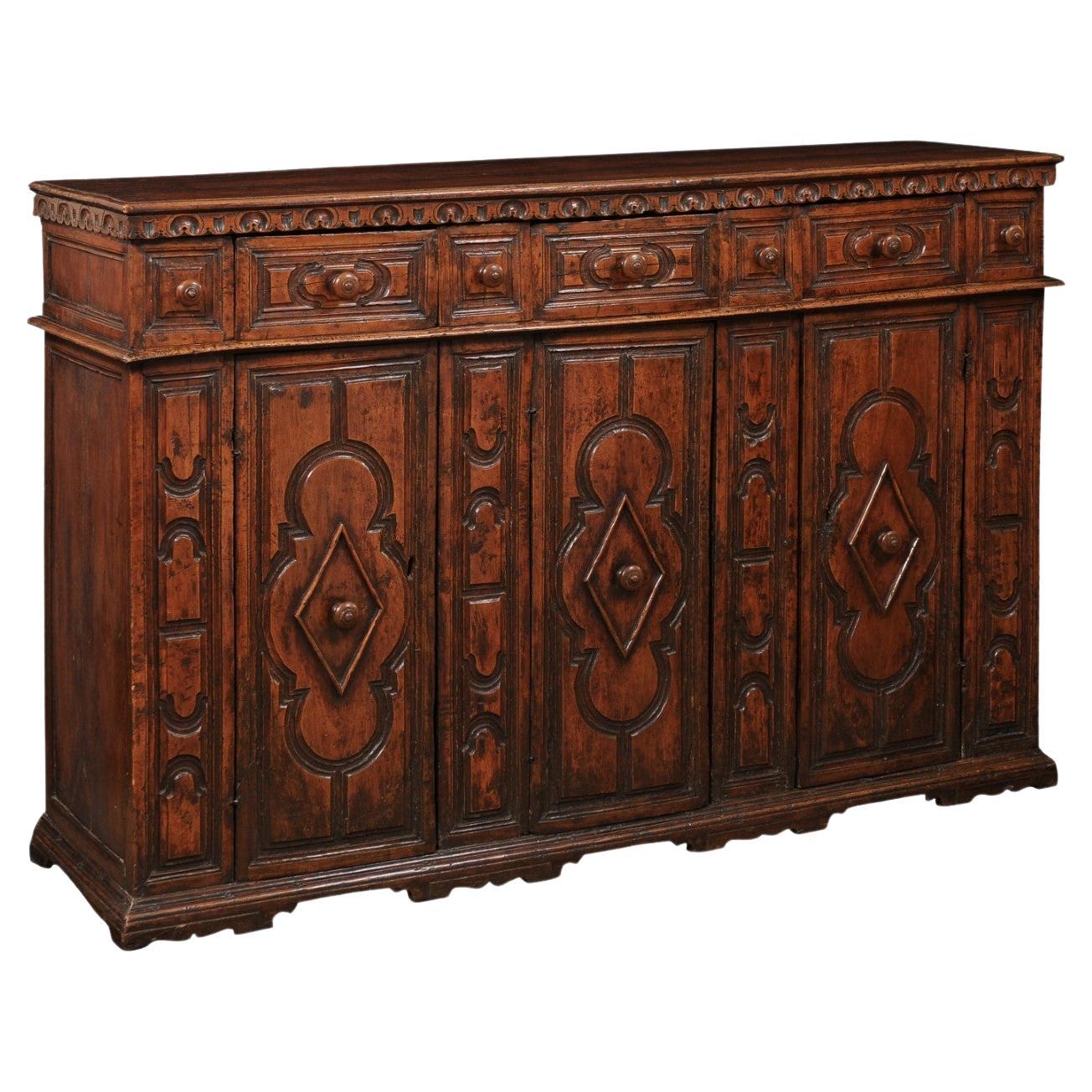 17th Century Italian Walnut Credenza with 3 Doors and 7 Drawers For Sale
