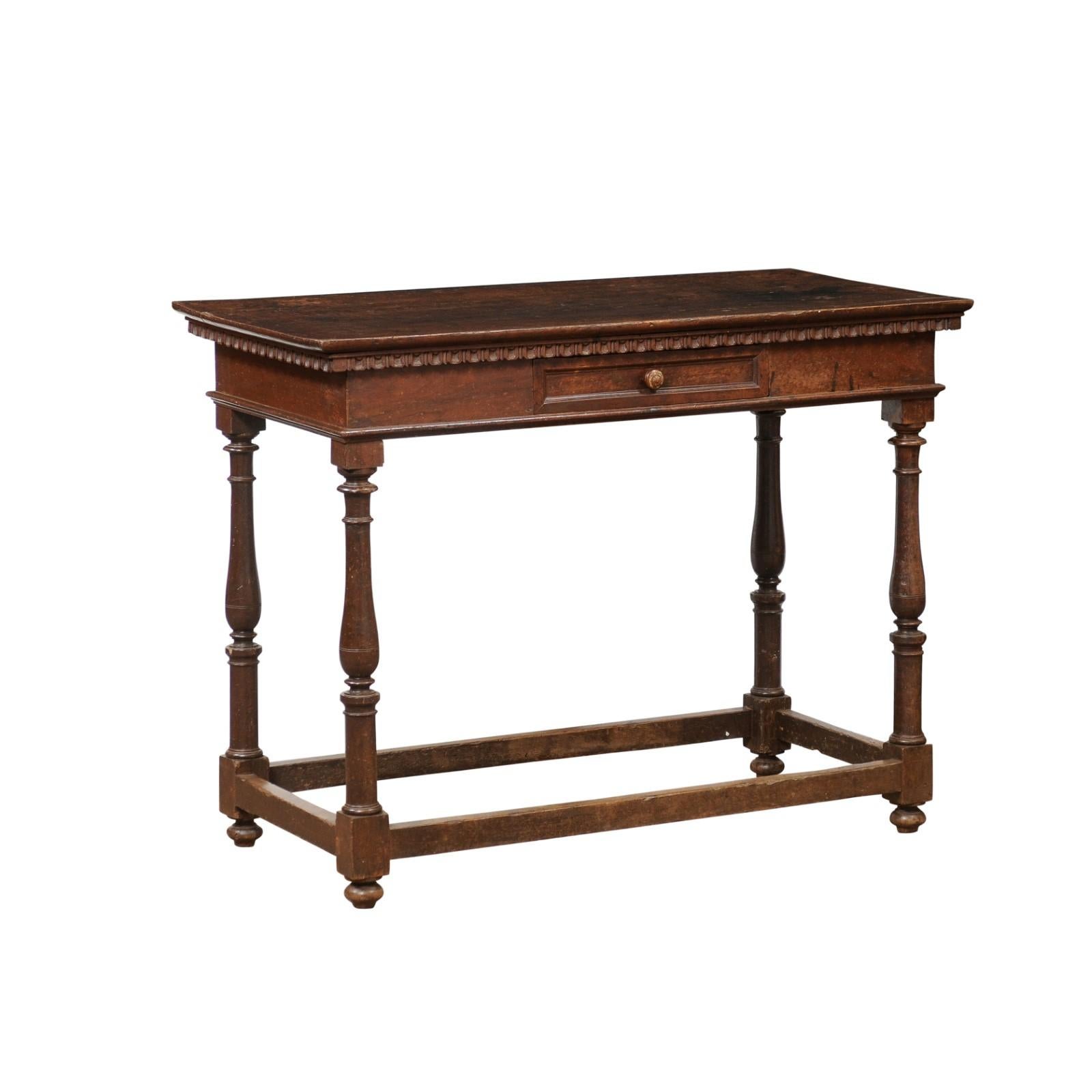 17th Century Italian Walnut Narrow Console / Center Table with Drawer and Turned Legs