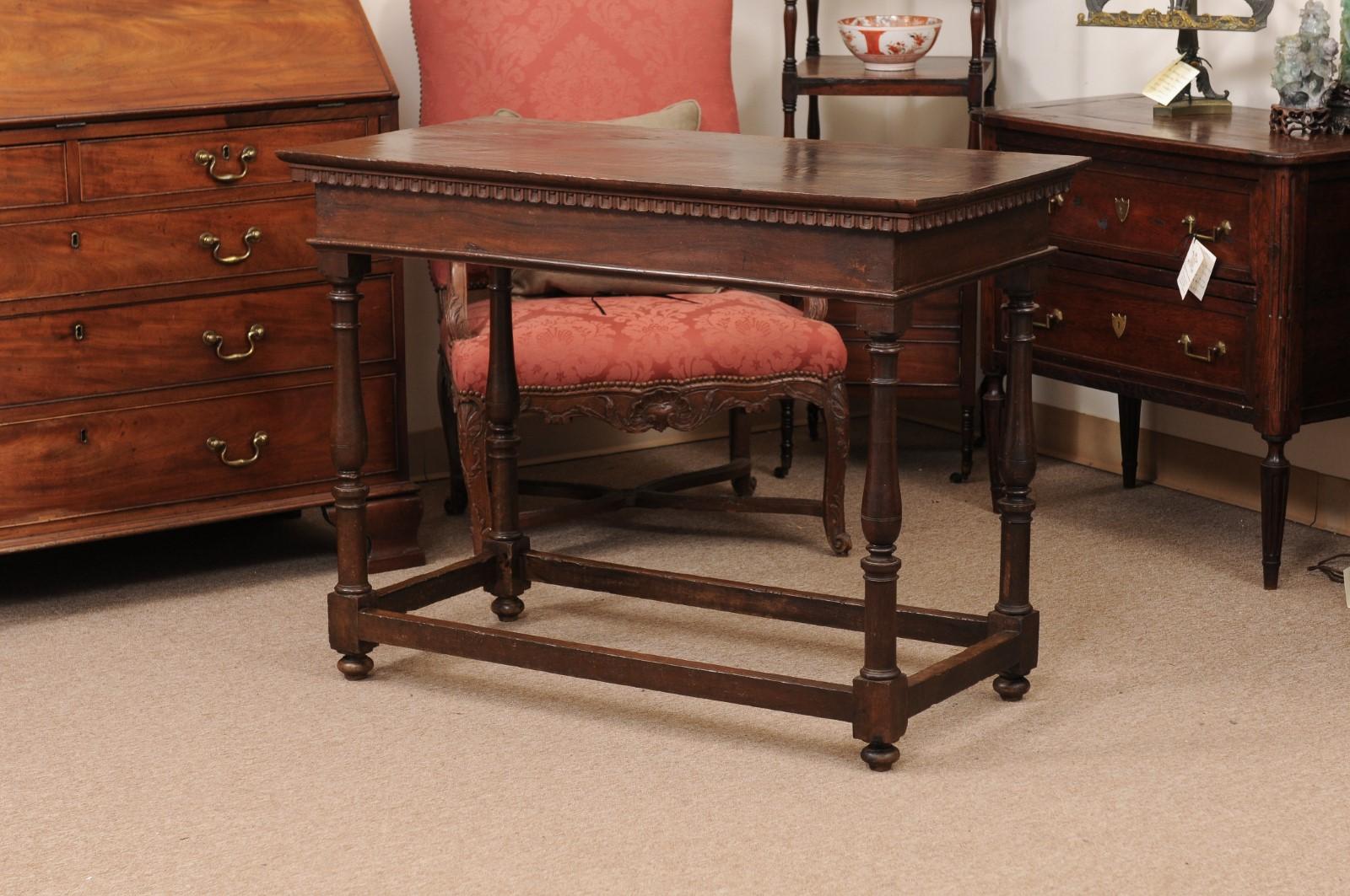 17th Century Italian Walnut Narrow Console / Center Table with Drawer and Turned Legs