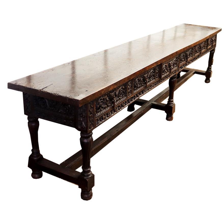 17th Century Italian Walnut Long Table of the Baroque Period.  All original.  Beautiful Patina.  Carved drawers along front frieze.  Rich Walnut.  

Ex Palm Beach Estate: Phipps Provenance