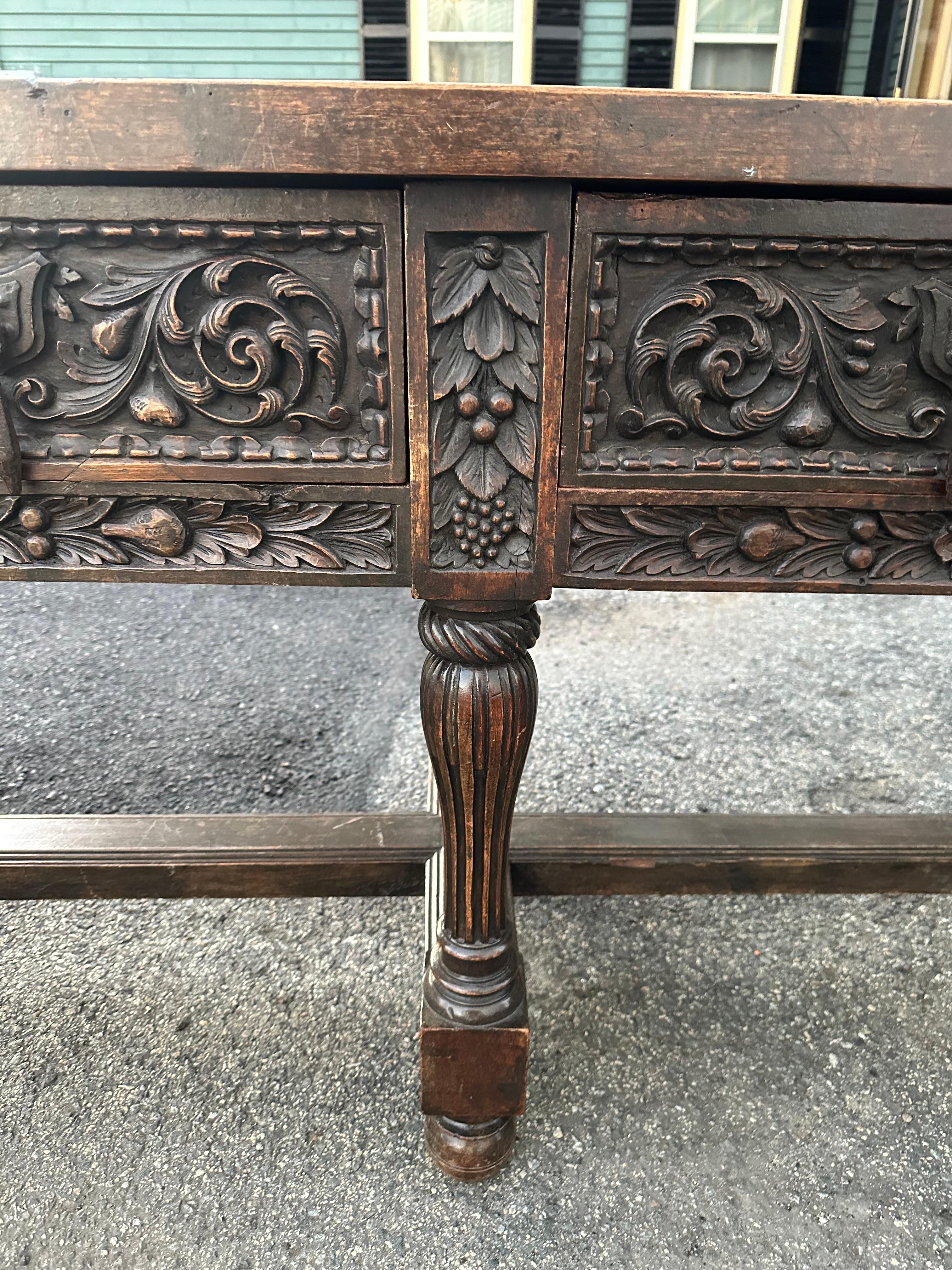Carved 17th Century Spanish Walnut Refectory Table with Drawers