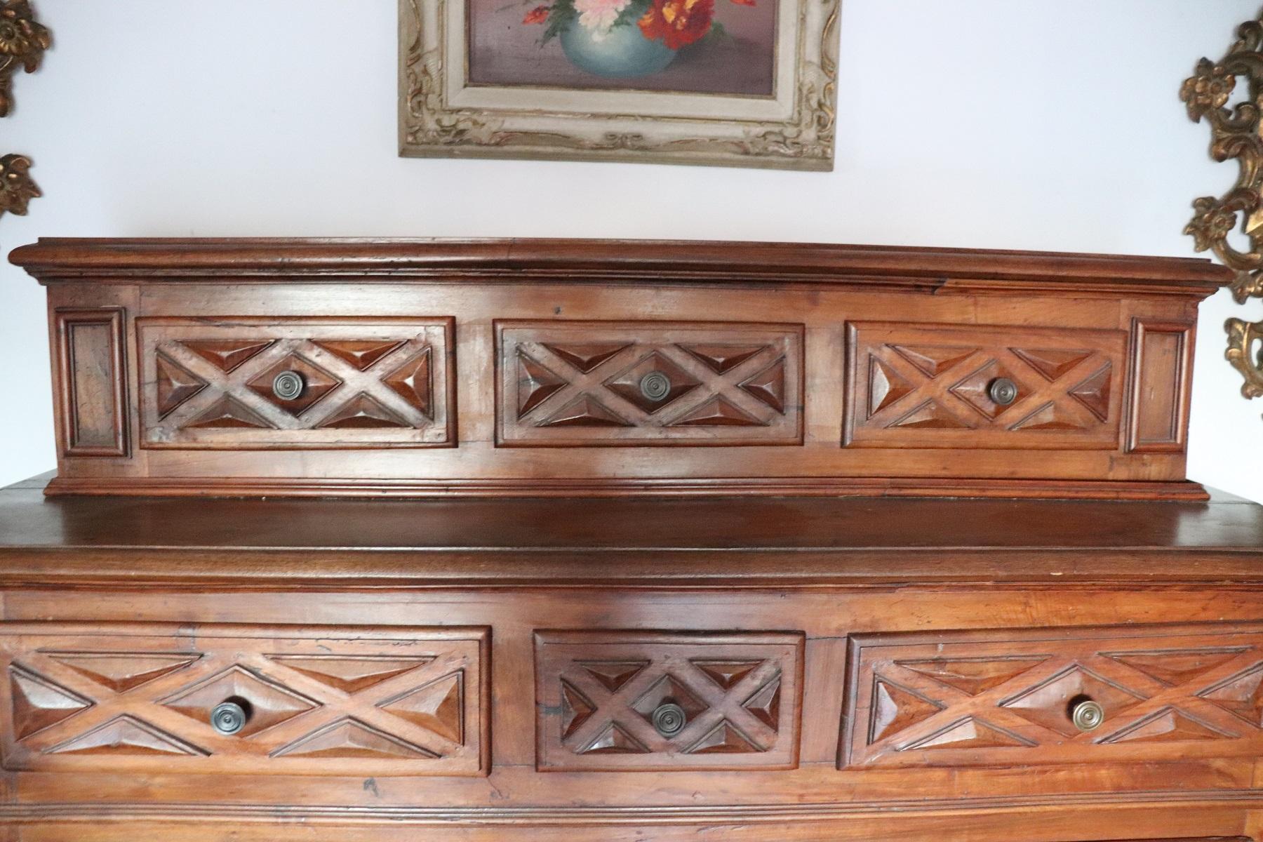 Beautiful rare large sideboard from the 17th century in Baroque Italian taste. The sideboard was in fact made by cabinet makers using wood and nails from the seventeenth century. Sideboard is also large in large internal useful space. Perfect for