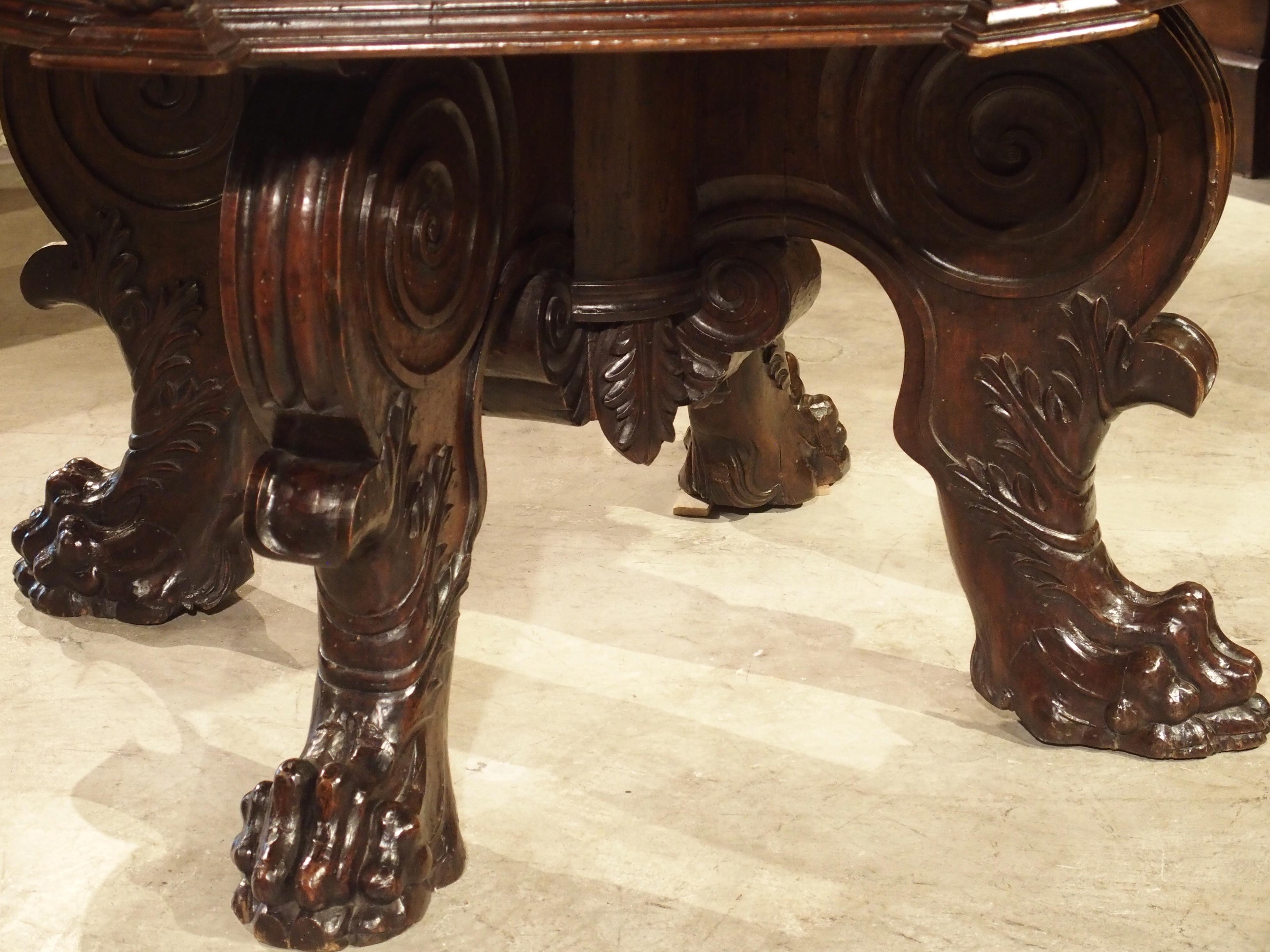 17th Century Italian Walnut Wood Octagonal Center Table with Large Paw Supports 11