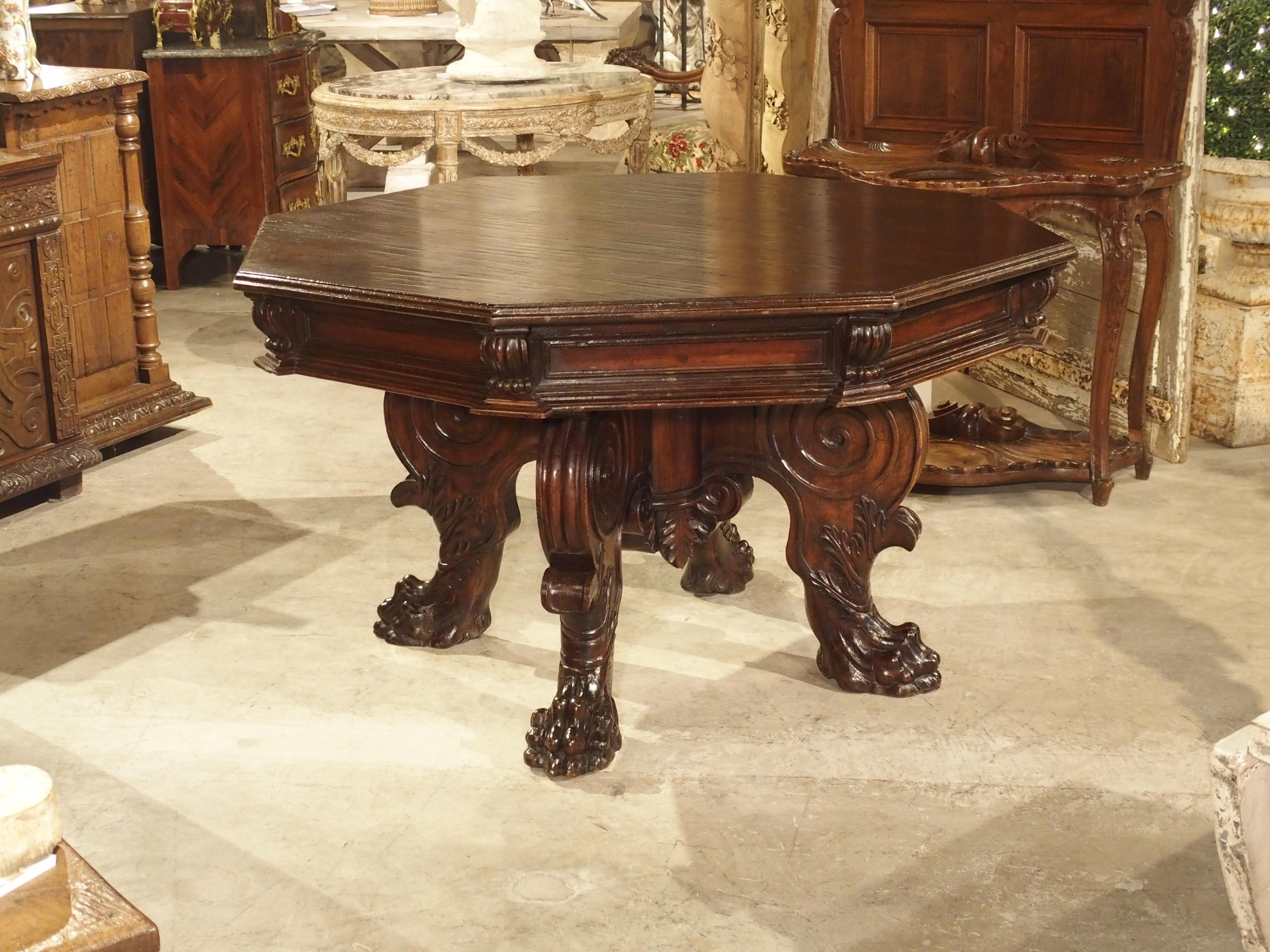 17th Century Italian Walnut Wood Octagonal Center Table with Large Paw Supports 12