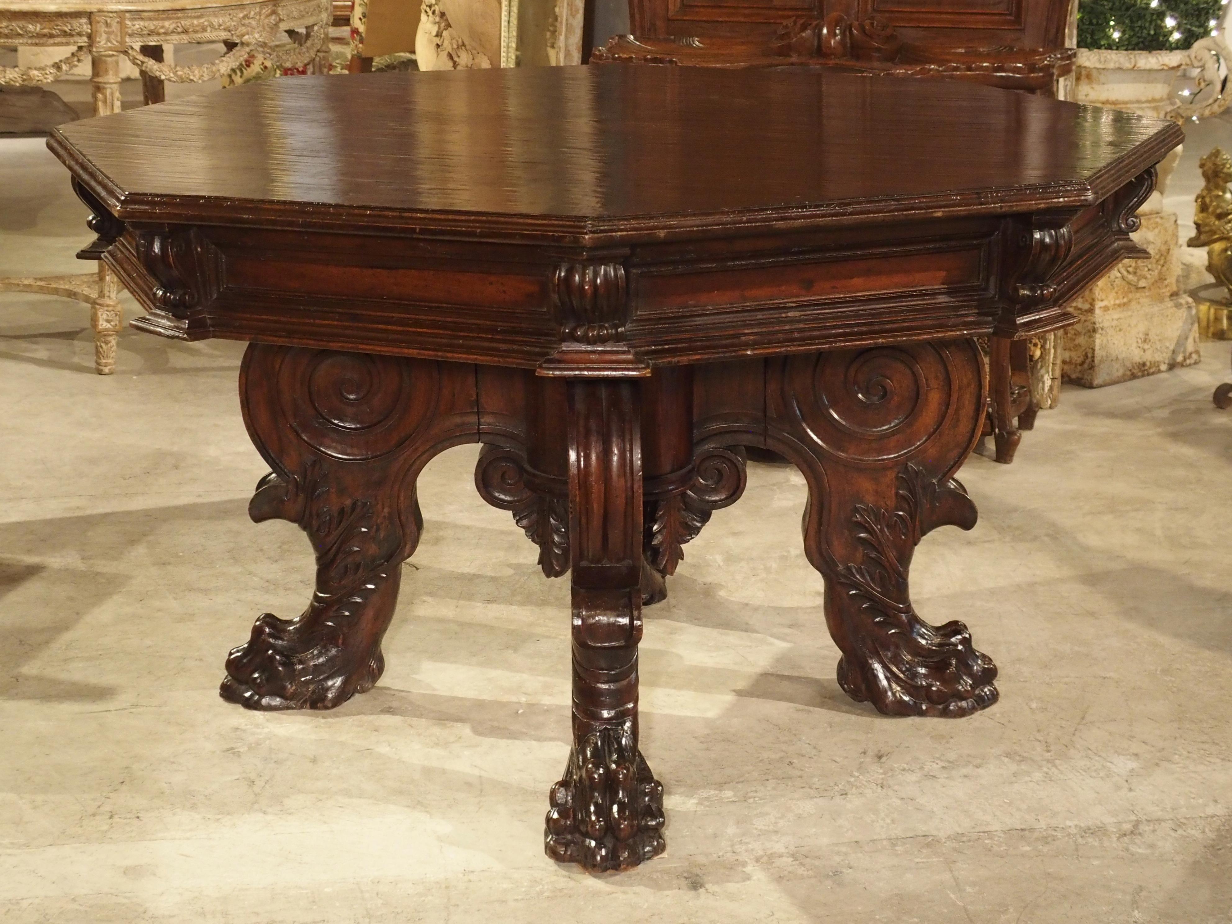 17th Century Italian Walnut Wood Octagonal Center Table with Large Paw Supports 13