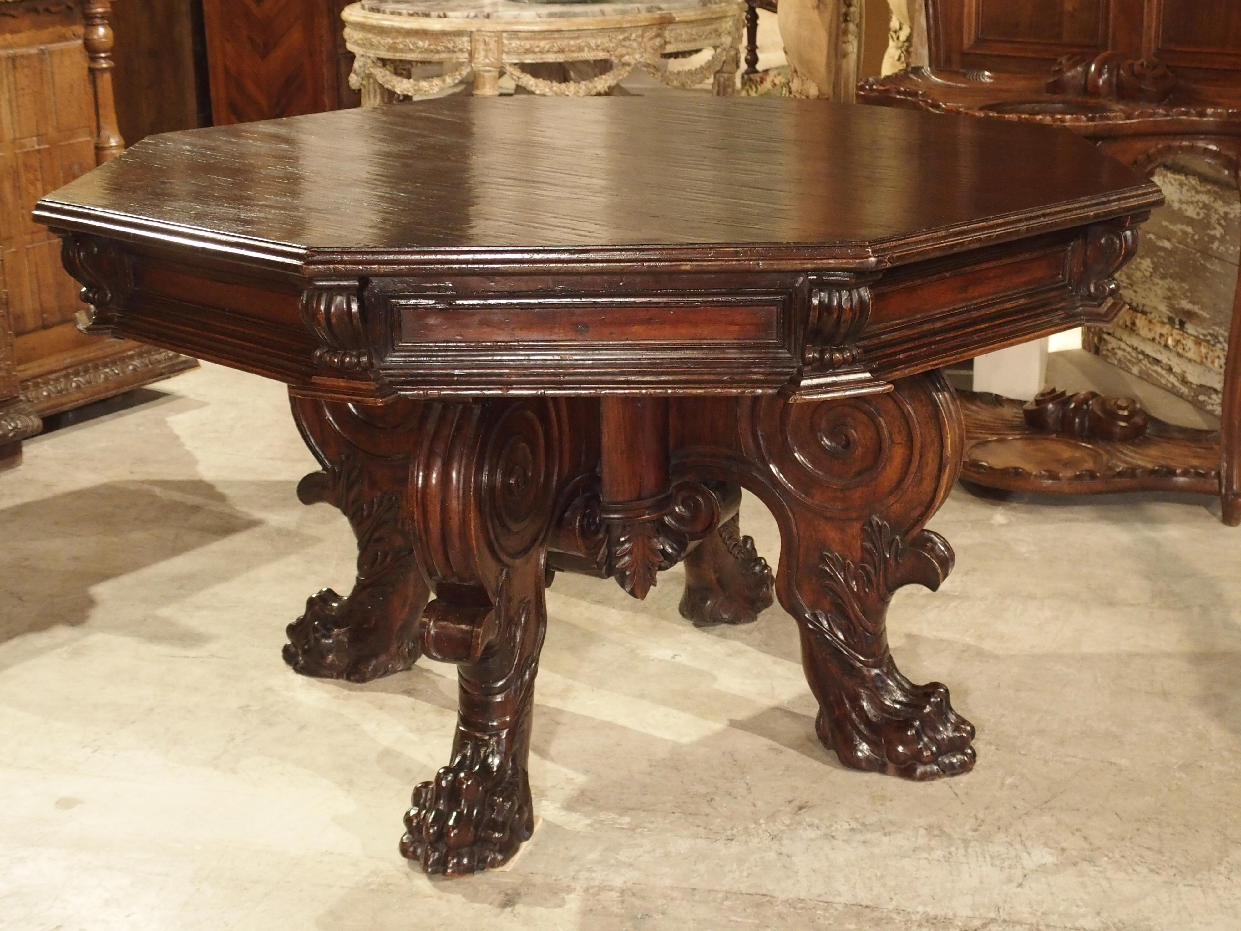 Dating to the Late Renaissance or early Baroque period (1600’s), this handsome Italian table was hand-carved from walnut wood. Walnut was used quite often in the Late Renaissance, as it can be more easily worked by hand and is lighter than the oak