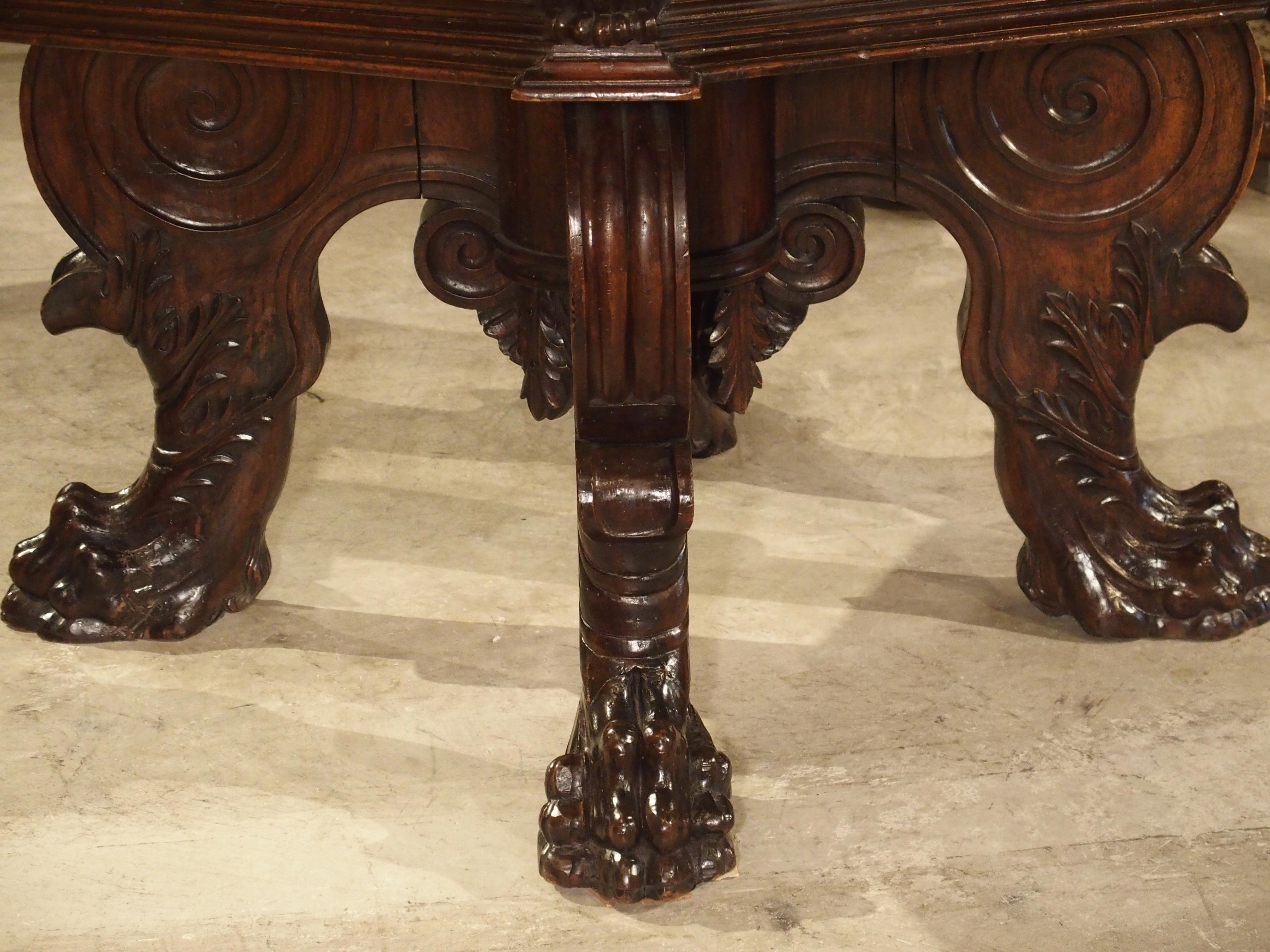 17th Century Italian Walnut Wood Octagonal Center Table with Large Paw Supports 14