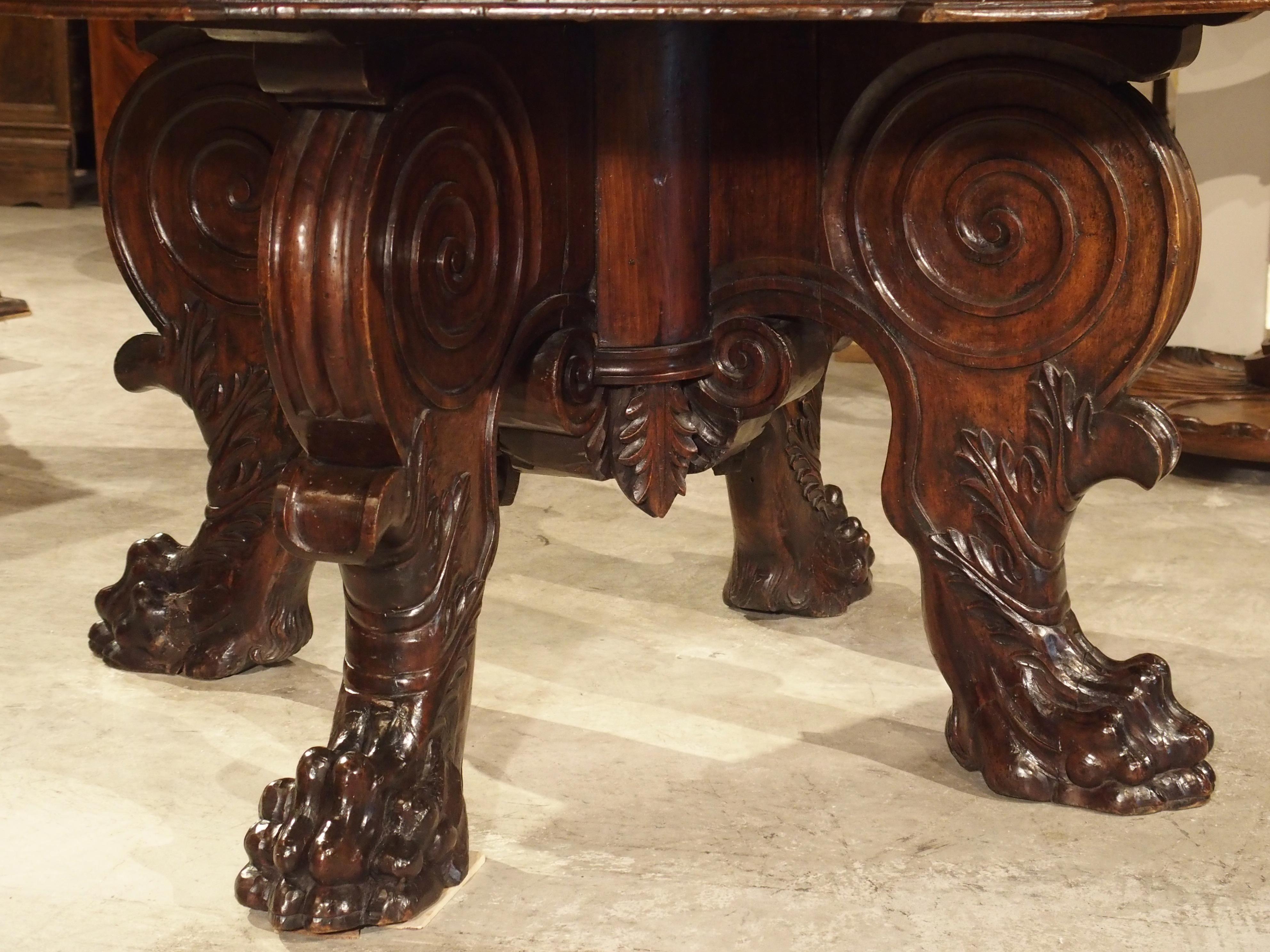 Renaissance 17th Century Italian Walnut Wood Octagonal Center Table with Large Paw Supports