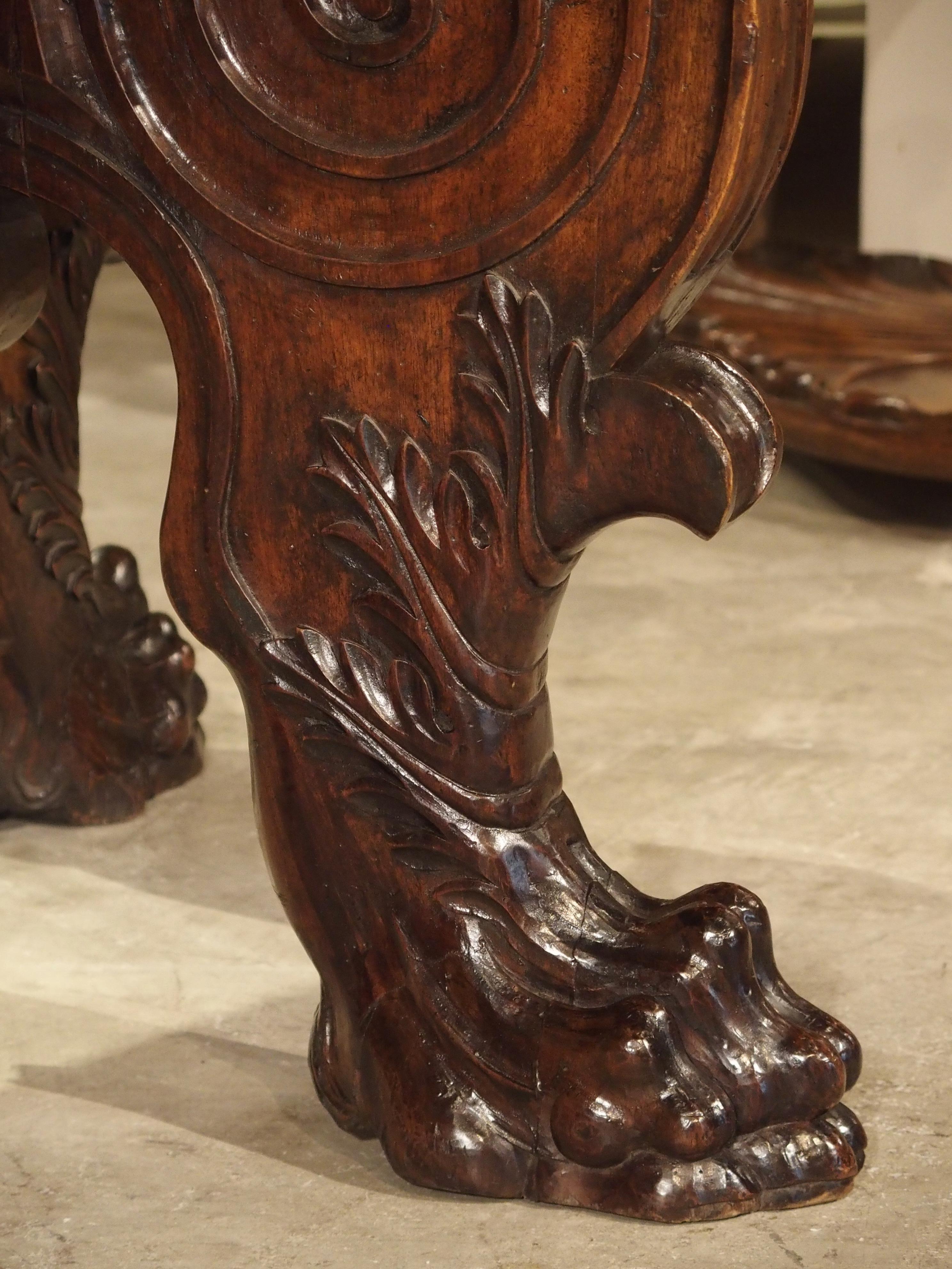 Hand-Carved 17th Century Italian Walnut Wood Octagonal Center Table with Large Paw Supports