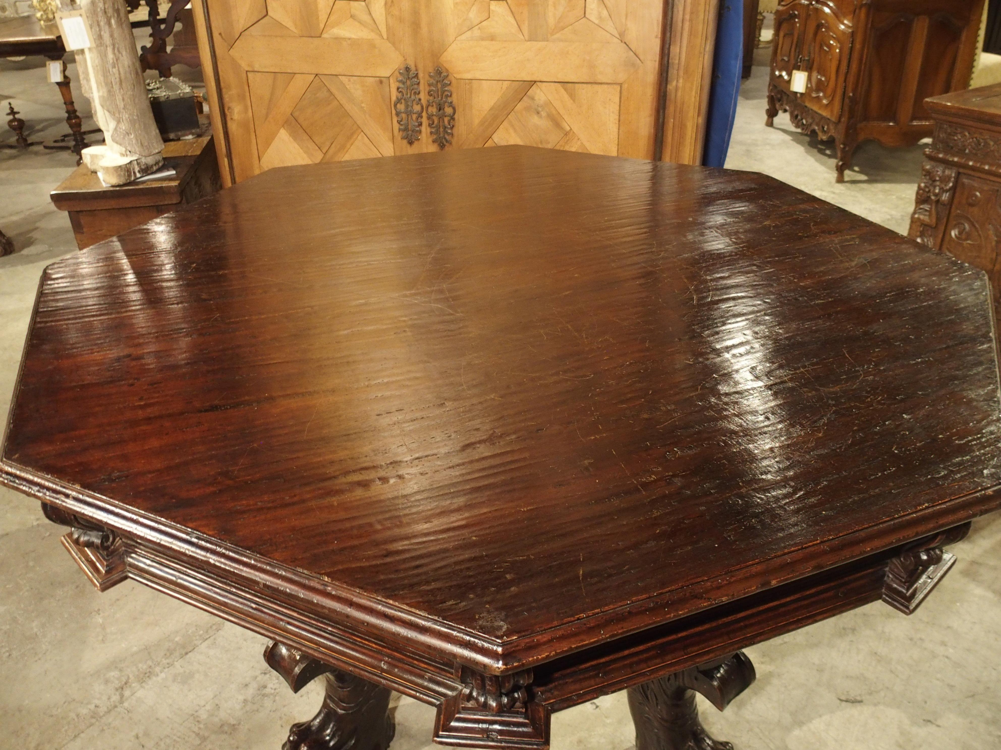 17th Century Italian Walnut Wood Octagonal Center Table with Large Paw Supports 3