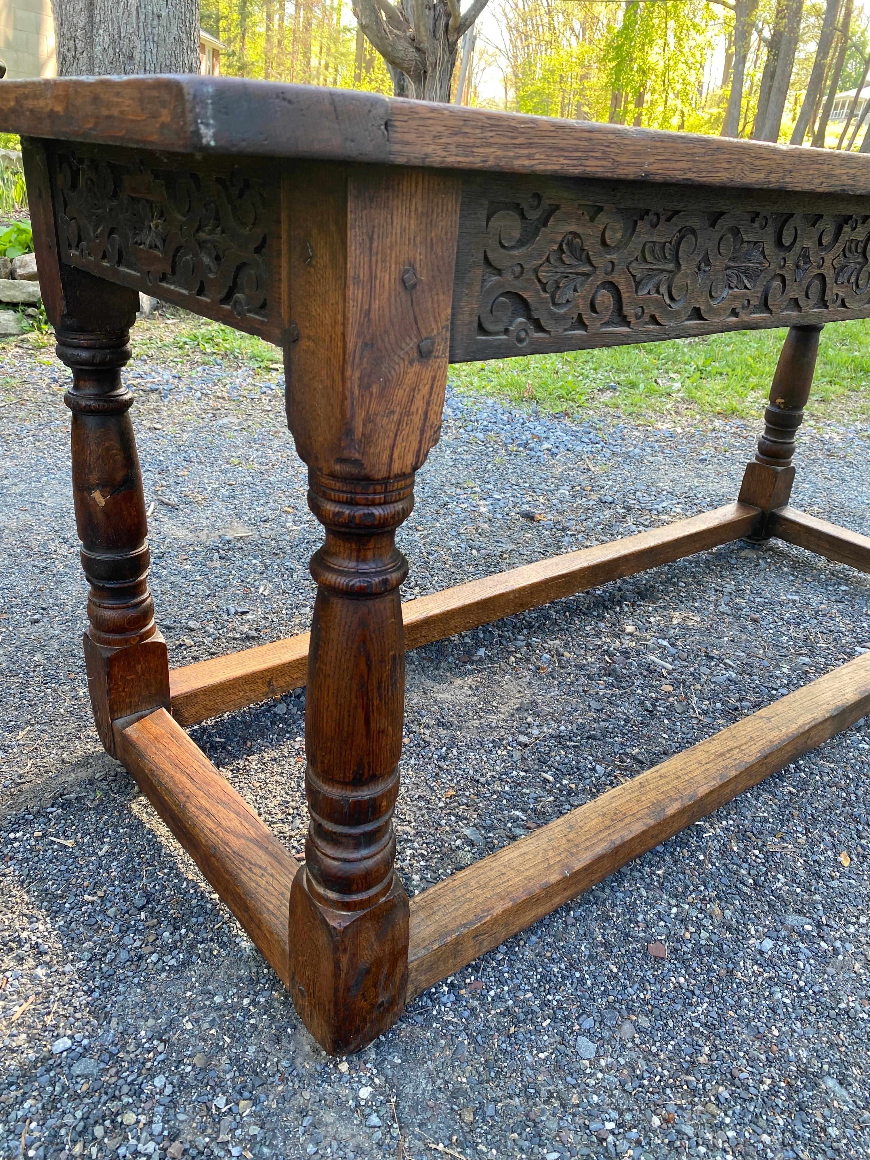 17th century oak refectory table. 3 Plank Top all held together with dowels. Table is solid as a rock! Beautiful signs of use and wear, I'm sure some refinishing has happened over it's last 300 years! Top has beautiful signs of use and wear. Came