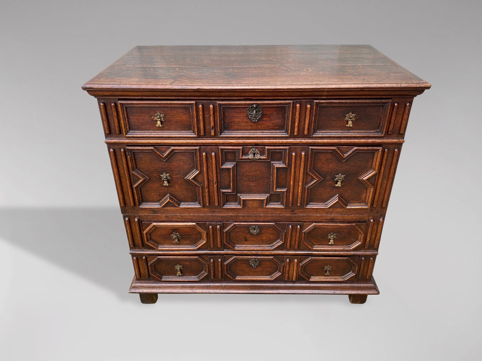 British 17th Century Jacobean Charles II Oak Geometric Moulded Chest of Drawers