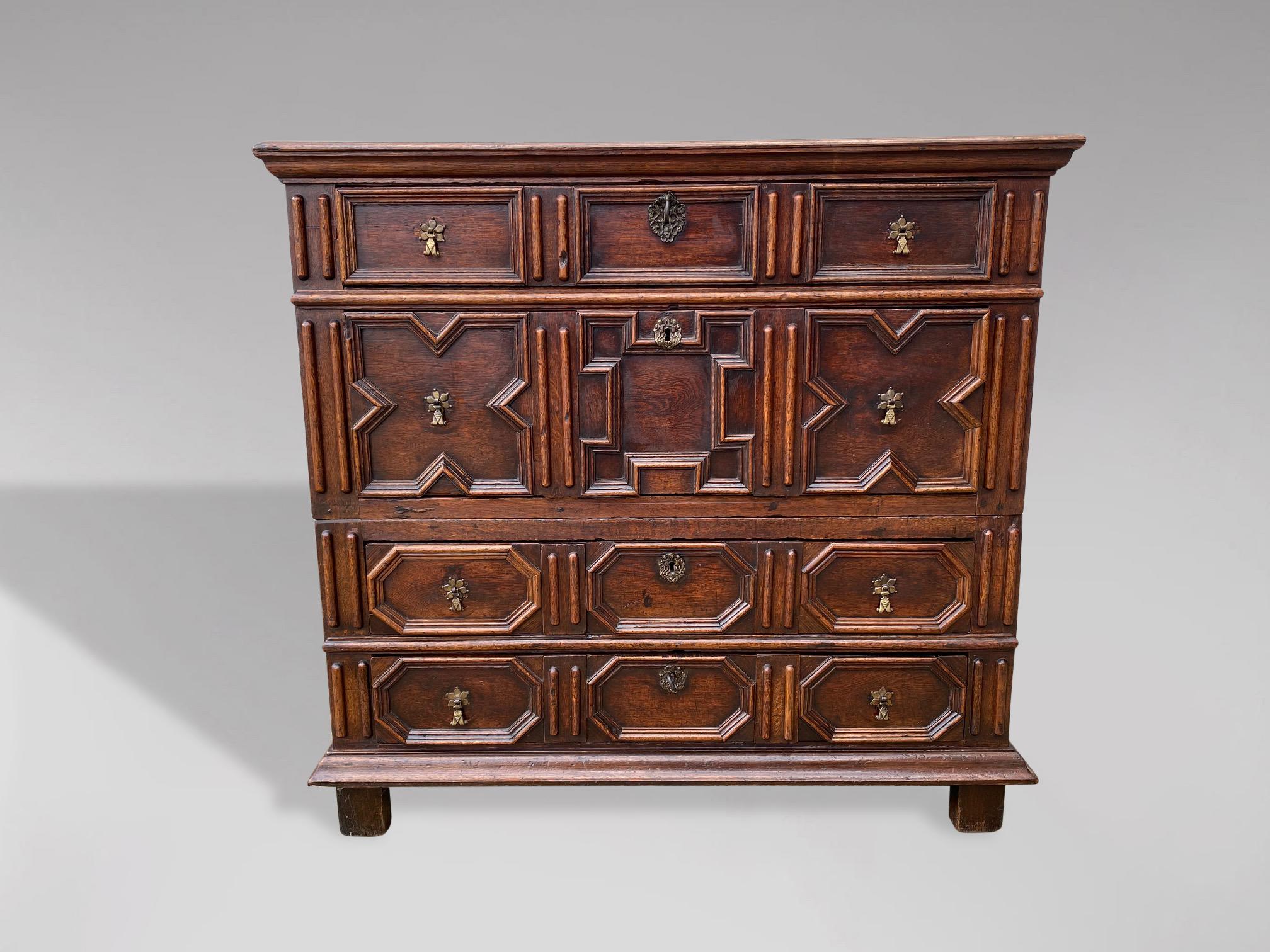 17th Century Jacobean Charles II Oak Geometric Moulded Chest of Drawers In Good Condition In Petworth,West Sussex, GB