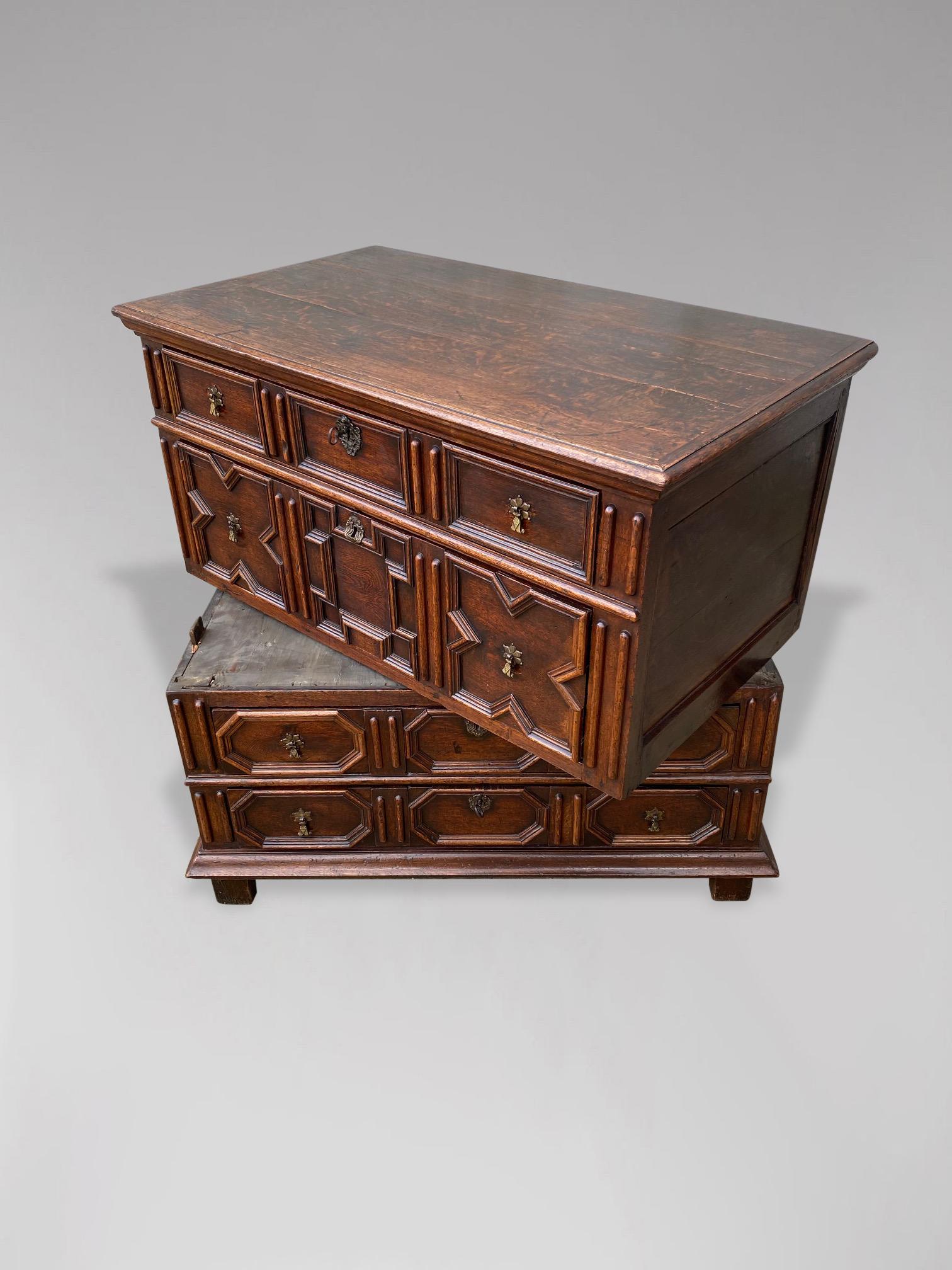 18th Century and Earlier 17th Century Jacobean Charles II Oak Geometric Moulded Chest of Drawers