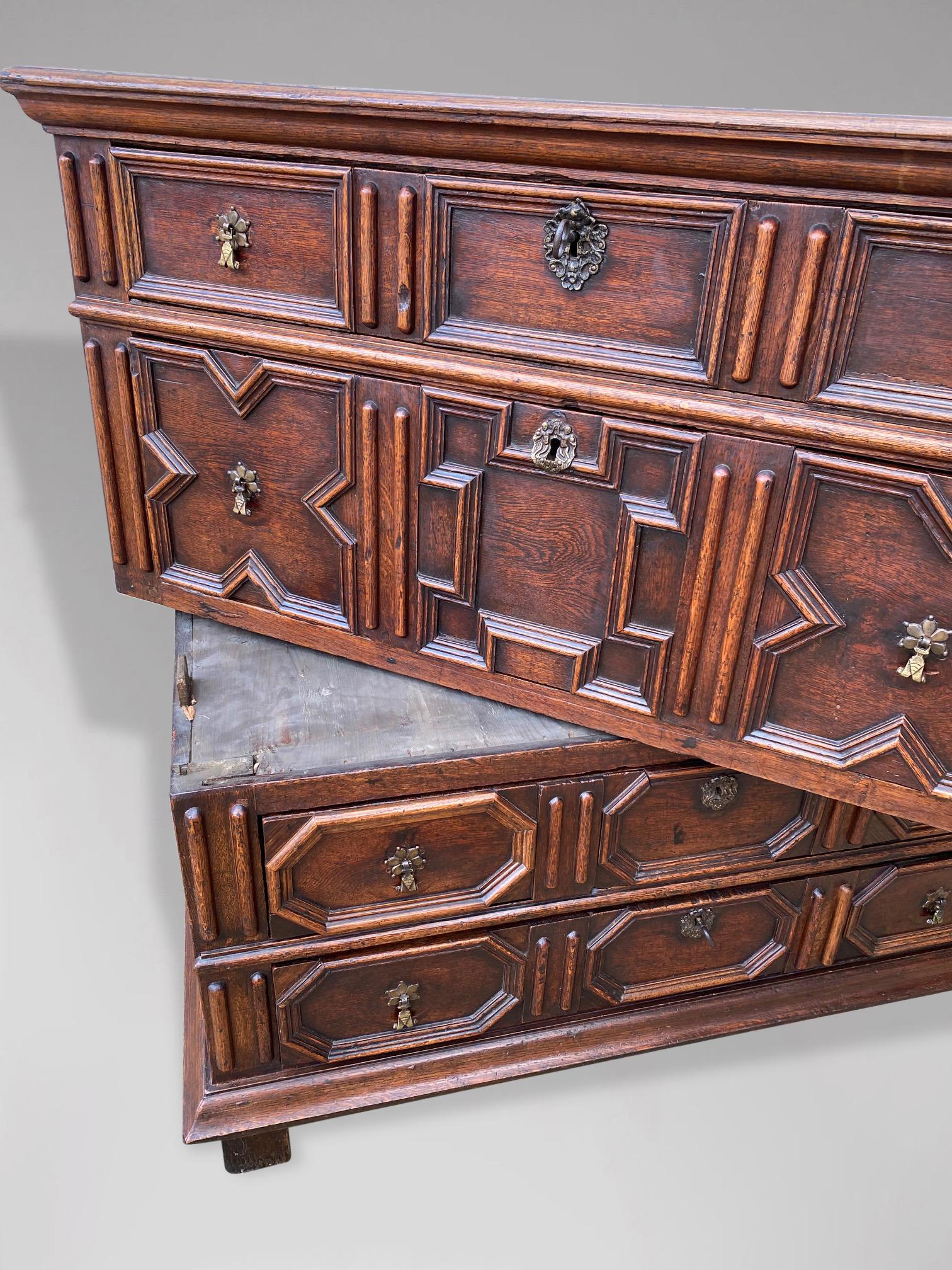 Brass 17th Century Jacobean Charles II Oak Geometric Moulded Chest of Drawers