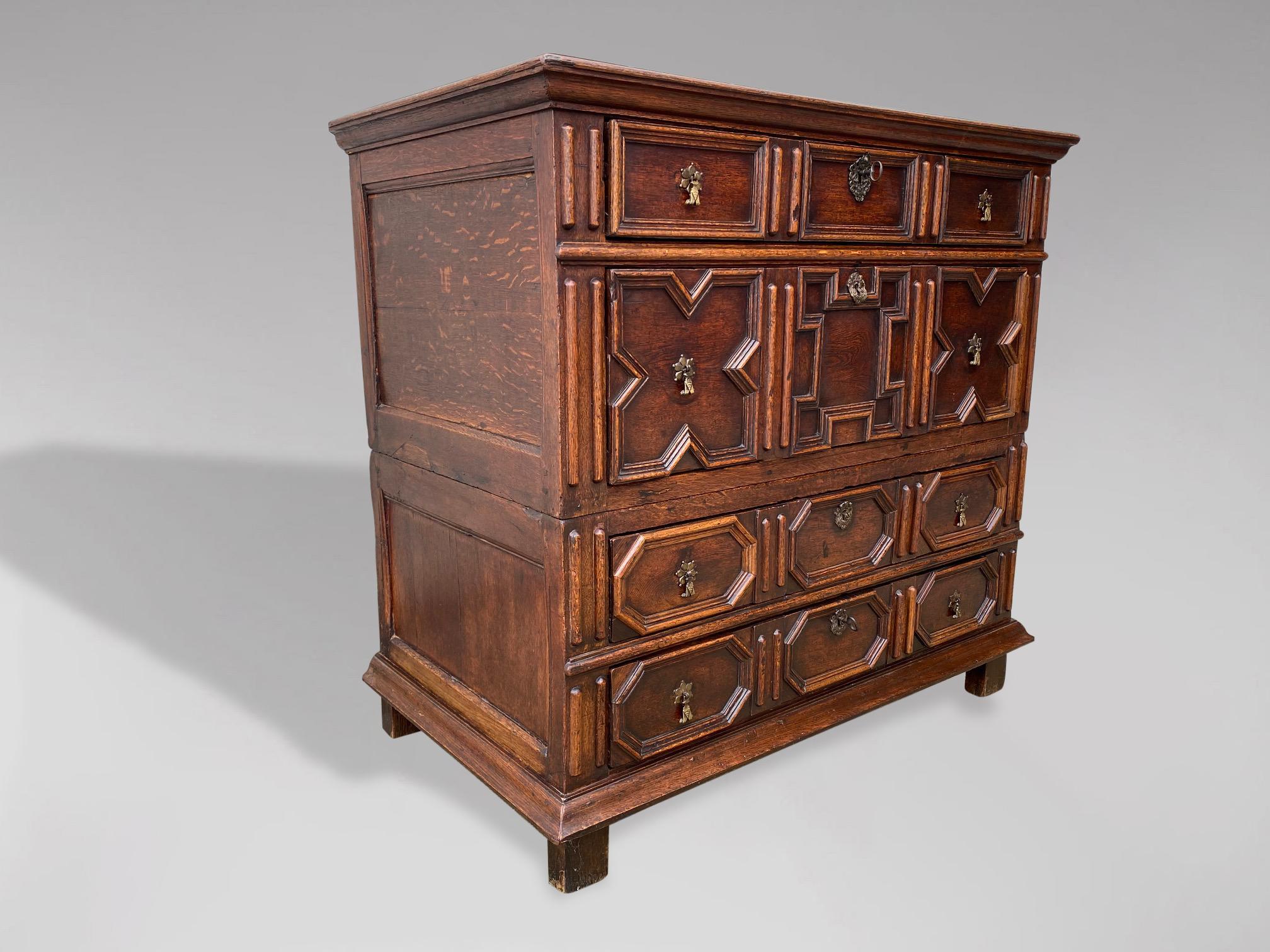 17th Century Jacobean Charles II Oak Geometric Moulded Chest of Drawers 3