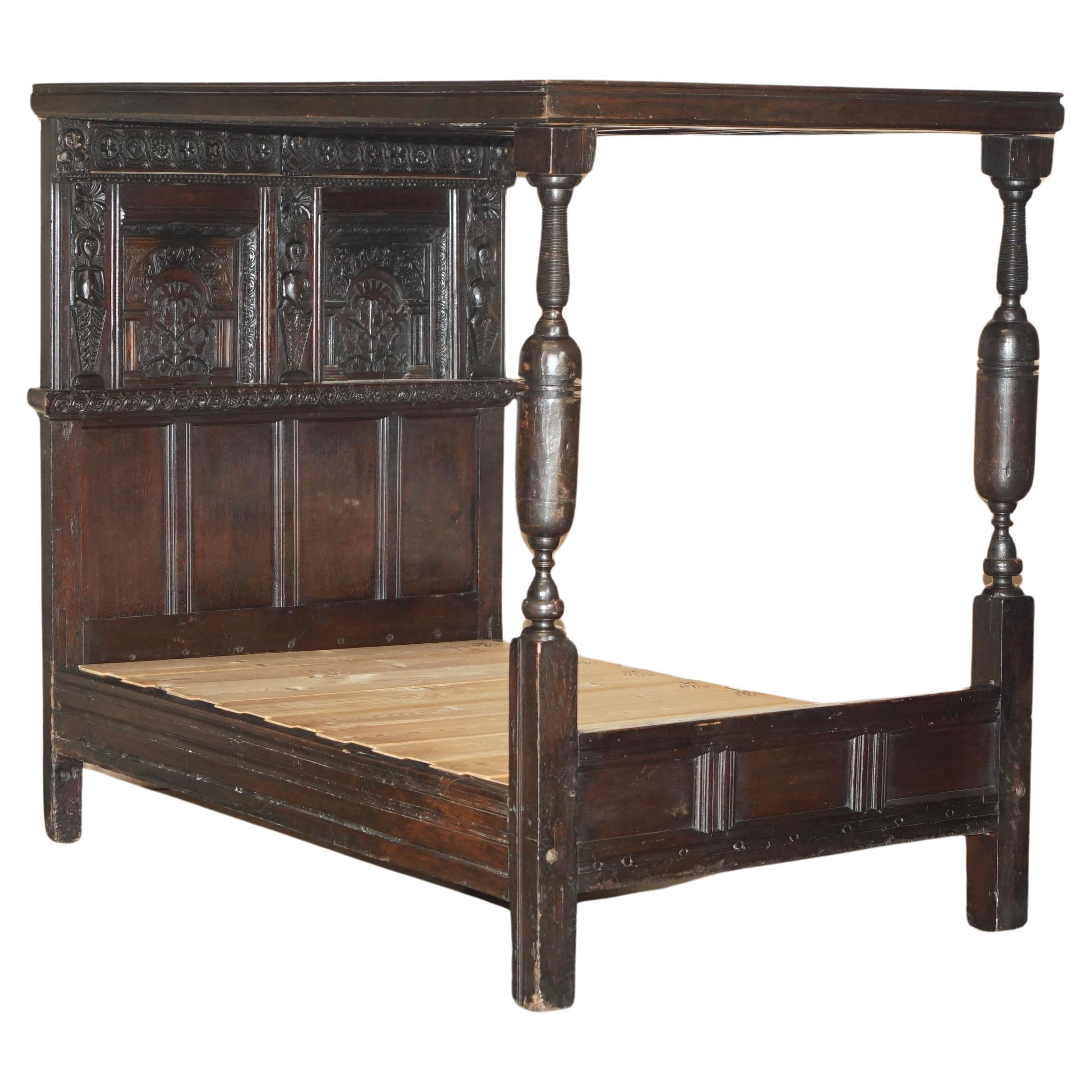 17TH CENTURY JACOBEAN WILLIAM III CIRCA 1650 ENGLiSH OAK TESTER FOUR POSTER BED For Sale