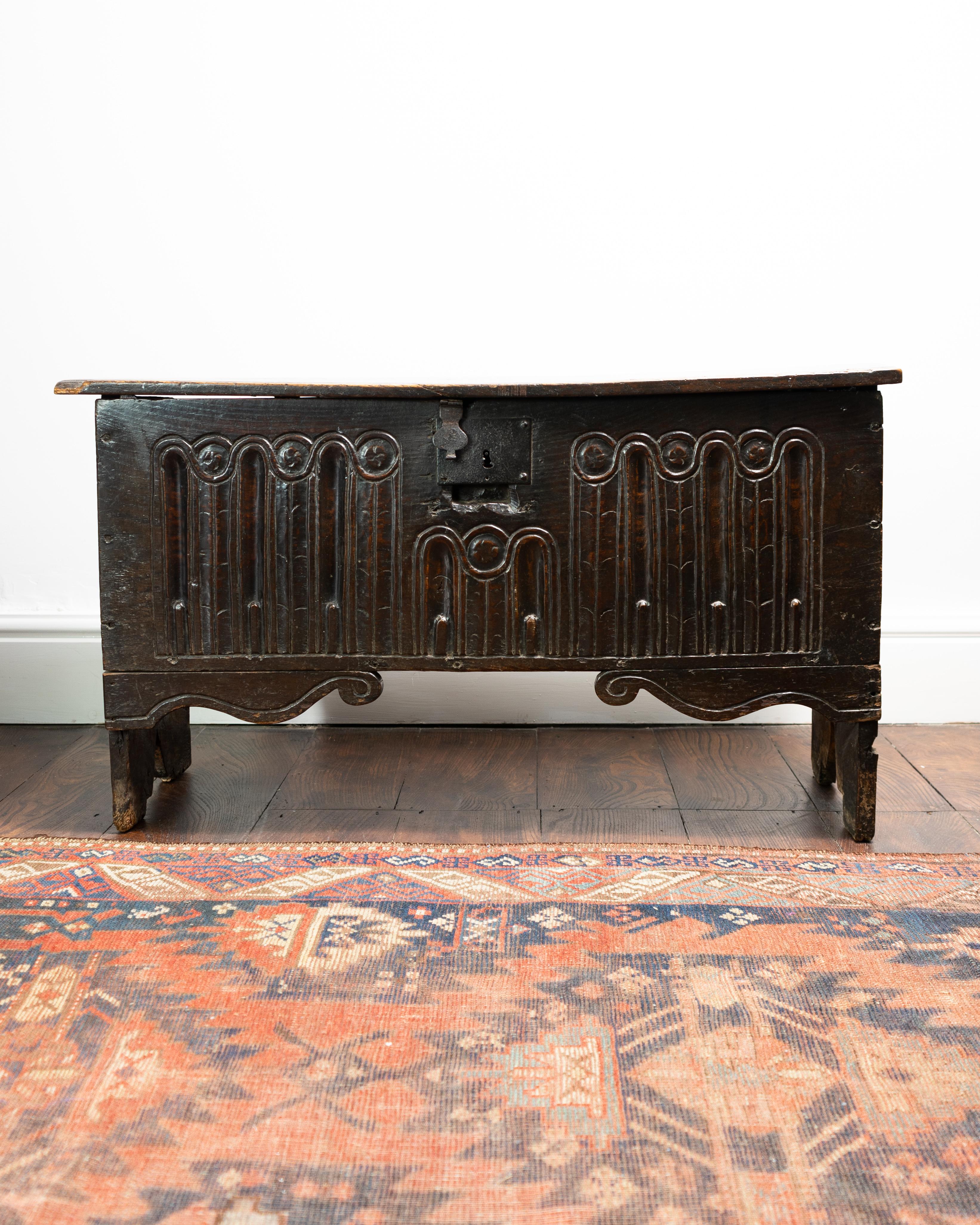 Elizabethan 17th Century, James I, Carved Boarded Oak Chest, England, Circa 1603 - 1625 For Sale